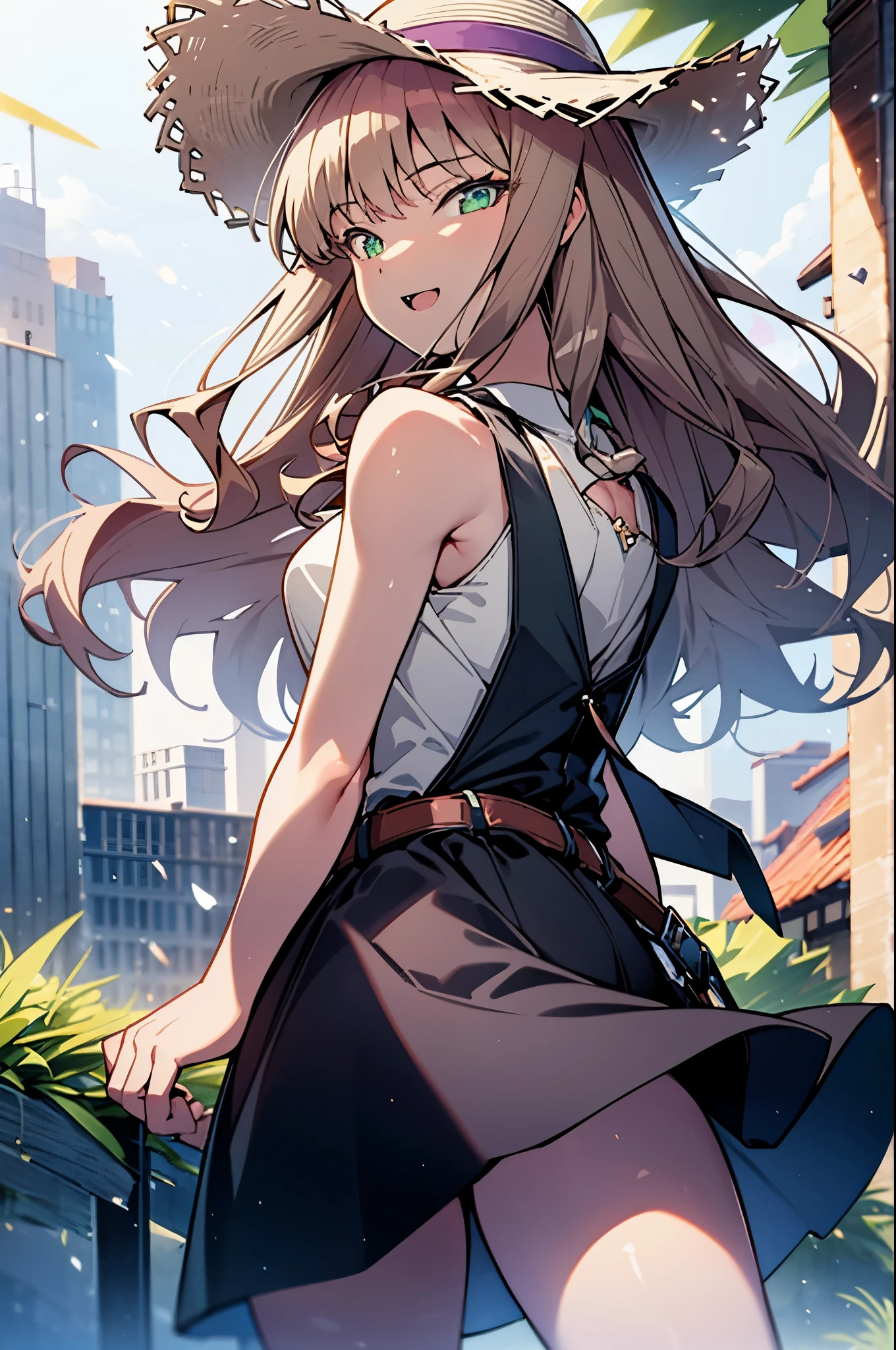 8k,highest quality,masterpiece,The seeds of a southern dream,The seeds of a southern dream sss Dynazenon,Brown Hair,Long Hair,Green Eyes,Short braided hair,happy smile, smile, Open your mouth,Big straw hat,Sleeveless dress,Bare arms,Long skirt,Cute heeled sandals,Building district,Clear skies,Daytime,(Cowboy Shot:1. 5),(masterpiece:1.2), highest quality, High resolution, unity 8k wallpaper, (shape:0.8), (Beautiful and detailed:1.6), Highly detailed face, Perfect lighting, Highly detailed CG, (Perfect hands, Perfect Anatomy),