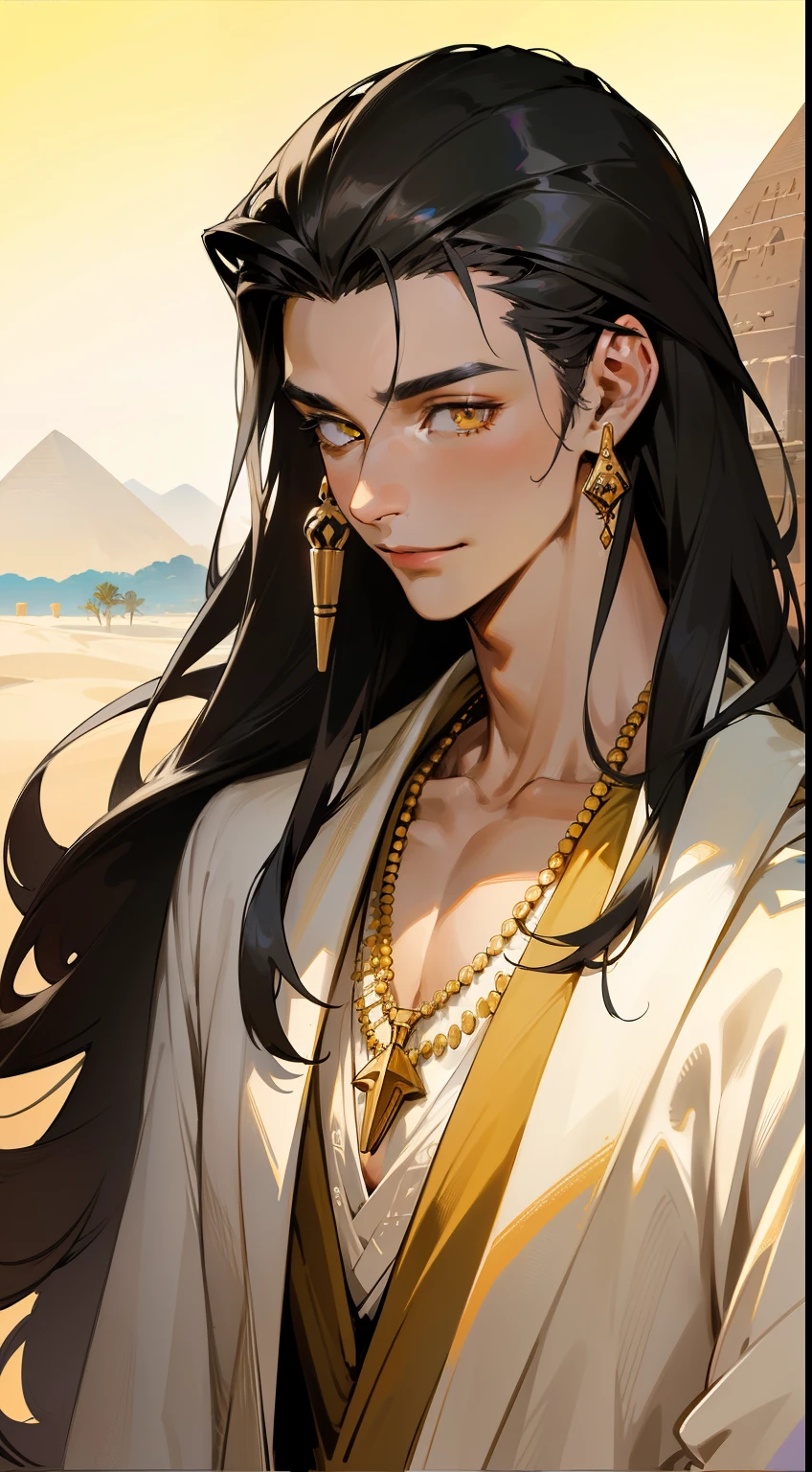 realistic, masterpiece, best quality, colorful,(finely detailed beautiful eyes and detailed face), delicated smile, happy eyes, nature lighting, extremely detailed CG unity 8k wallpaper, 1boy, tall muscular guy, Clothes: white robe with colorful jewelry fill around shoulders, naked upper body. Accessories: necklace, bracelet. Appearance: long black hair, light colored pupils, yellow eyes, Tan skin, Hair slicked up, Head tilted slightly to one side, flying bangs, handsome, background: desert, pyramid, sand, sun, morning. ancient Egypt style, Egypt, mature man