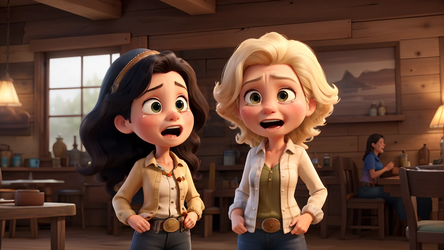 The image is situated in a typical western tavern. There a two woman. A blonde sad-looking girl is crying. She is dressed in a low quality cowgirl outfit. The other is an evil old woman with long black hair. She is wearing a beautiful cowgirl outfit. She is screaming at the blonde girl, looks really angry. wild west outfit, southwestern interior design 3d pixar style