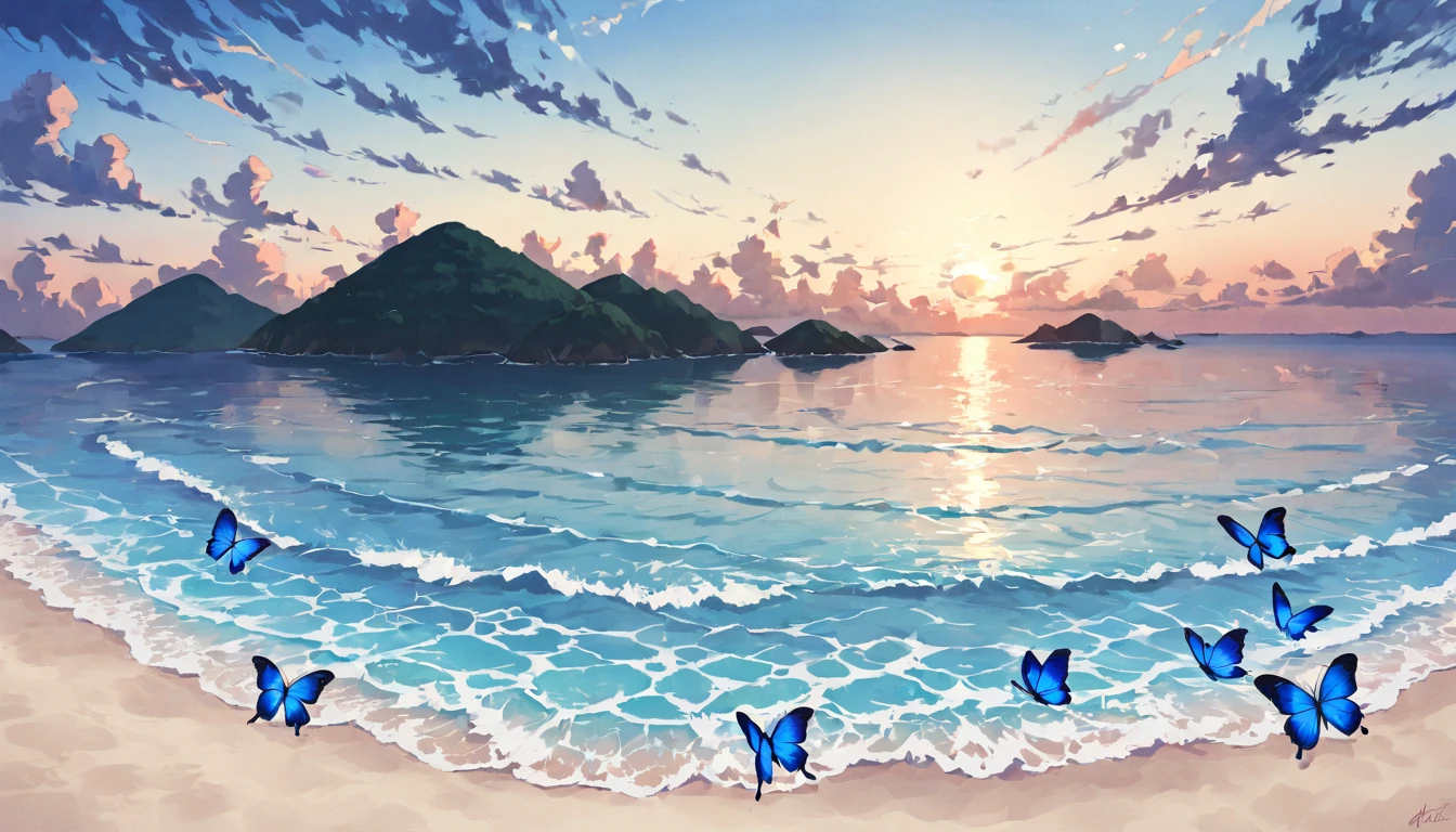 Thousands of blue butterflies travelling across the strait、A view of the sea that separates the islands、A calm strait with a beautiful gradation as dusk approaches