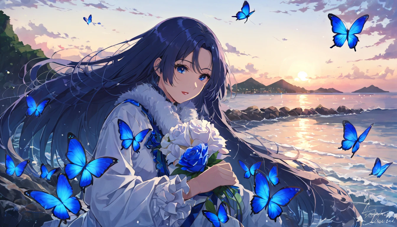 Thousands of blue butterflies travelling across the strait、A view of the sea that separates the islands、A calm strait with a beautiful gradation as dusk approaches