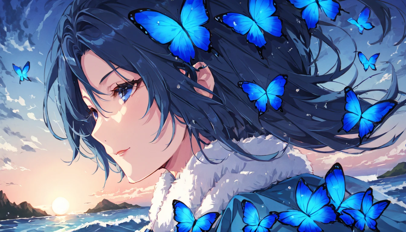 Thousands of blue butterflies travelling across the strait、A view of the sea that separates the islands、A calm strait with a beautiful gradation as dusk approaches