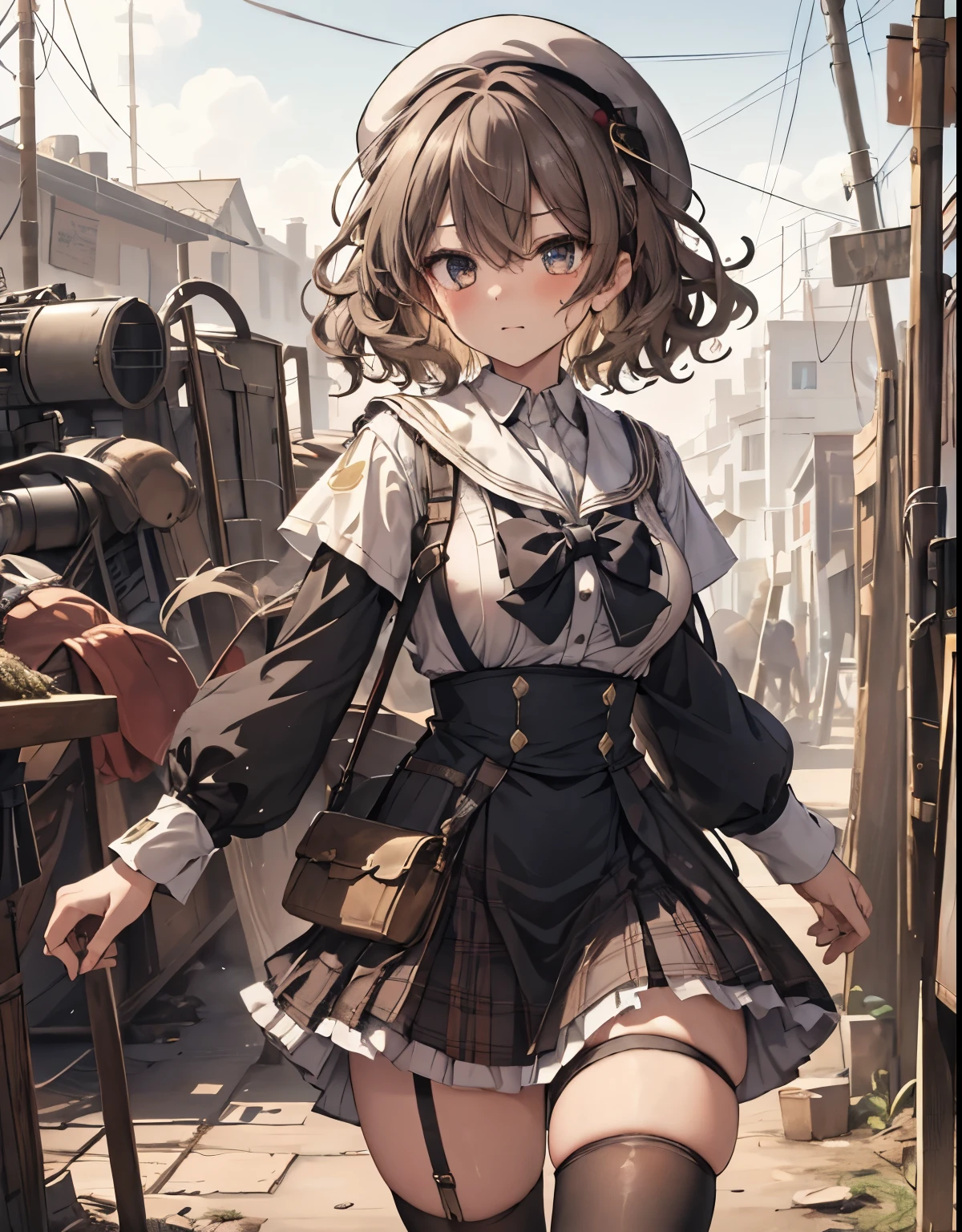 masterpiece, 1girl, sparrow, a black haired girl, wearing a sailor clothes, curly short hair, messy hair, slim body, he close her left eye, shirt ornament, ruby eyes, ahoge, baby face, bige breast, beautiful breasts, rounded breasts, long sleeves, beautiful eyes, white stocking, droopy eyes, skirt, black skirt, plaid skirt, her age is 19 years old, ricefield, bowtie, sailor collar, flared skirt, tight shirt, skirt, nagisa_bluearchive, lovely face, medium hair, angry face, curly hair, beret