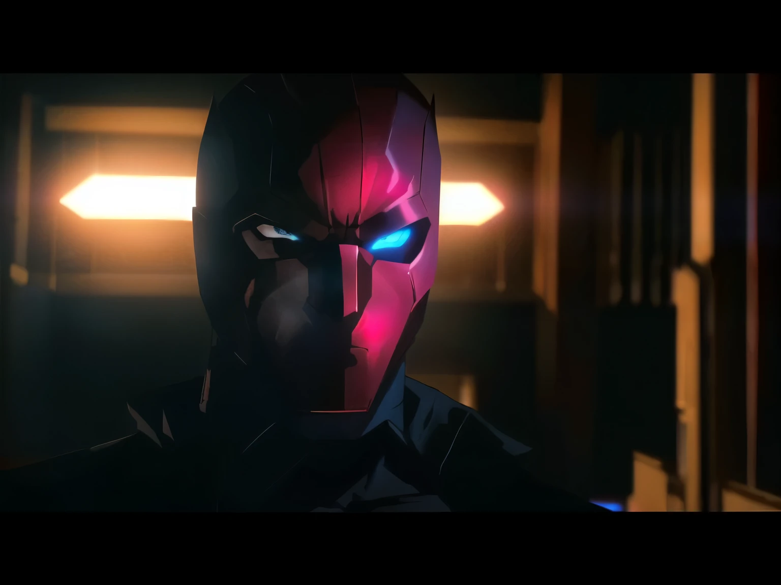 a man in a red mask and black shirt standing in a dark room, cinematic red lighting, they share one head. cinematic, cinematic lighting ”, cinematic lighting”, red hood cosplay, shot from cinematic, [ cinematic, epic lighting”, cinematic shot!, youtube thumbnail, red and cinematic lighting, cinematic closeup!!, blank stare”, cinematic full shot, cinematic close shot, cinematography”