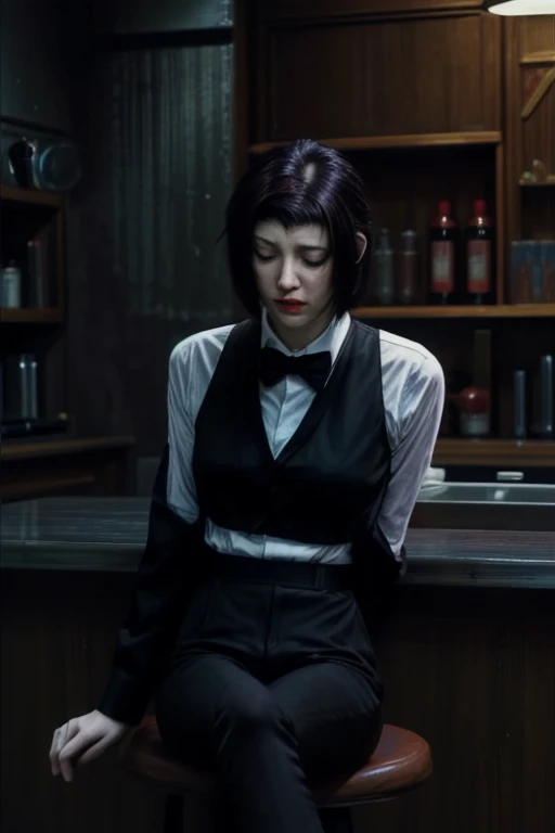 masterpiece,best quality,1girl,mature female,faye valentine,formal,tuxedo,necktie,black pants,light frown,blush,drunk,half-closed eyes,sitting against counter,bar,science fiction,cowboy shot,