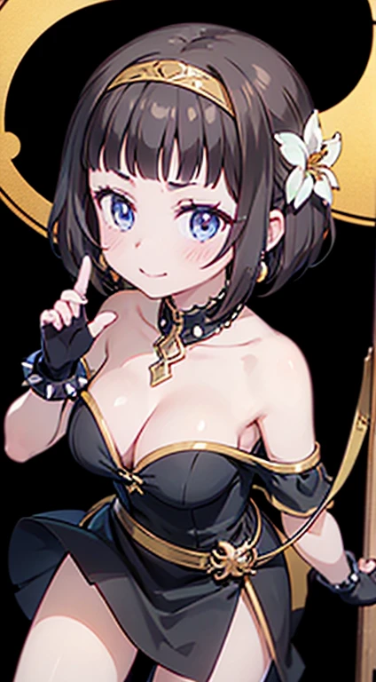 yor briar, anime style beutiful woman, 1girl, happy, sexy pause,(with sparkling eyes and a contagious smile:0.9),red face, closed mouth, beautiful detailed eyes, super detailed skin, backlighting, bare shoulders, black background, black dress, black gloves, black hair, breasts, dress, earrings, fingerless gloves, floating hair, floral print, flower, gloves, gold earrings, gold hairband, hair flower, hair ornament, hairband, holding, holding weapon, jewelry, large breasts, long hair, looking at viewer, off-shoulder dress, off shoulder,red eyes, short hair with long locks, sidelocks, solo, spikes, thighs, two-sided dress, two-sided fabric, weapon, fighting stance , face, close up, from above, highest quality, looking at viewer,high resolution.