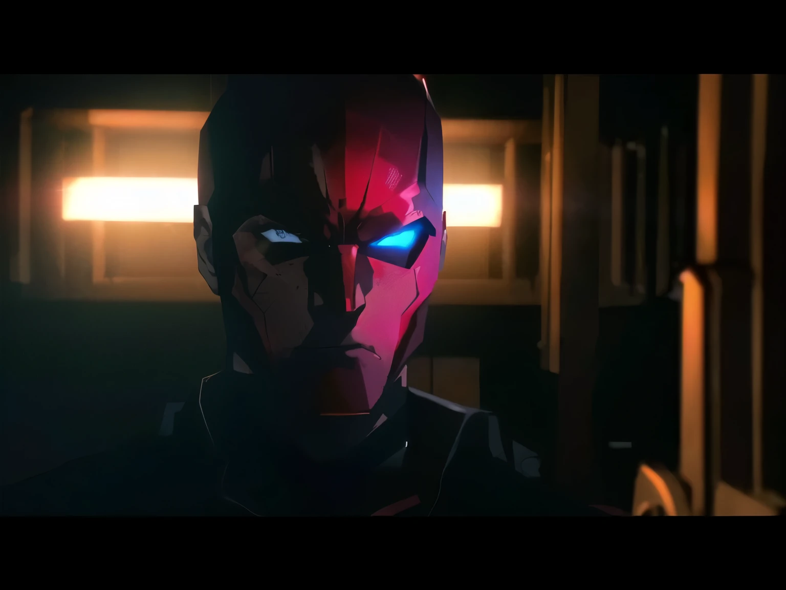 a man in a red mask and black shirt standing in a dark room, cinematic red lighting, they share one head. cinematic, cinematic lighting ”, cinematic lighting”, red hood cosplay, shot from cinematic, [ cinematic, epic lighting”, cinematic shot!, youtube thumbnail, red and cinematic lighting, cinematic closeup!!, blank stare”, cinematic full shot, cinematic close shot, cinematography”