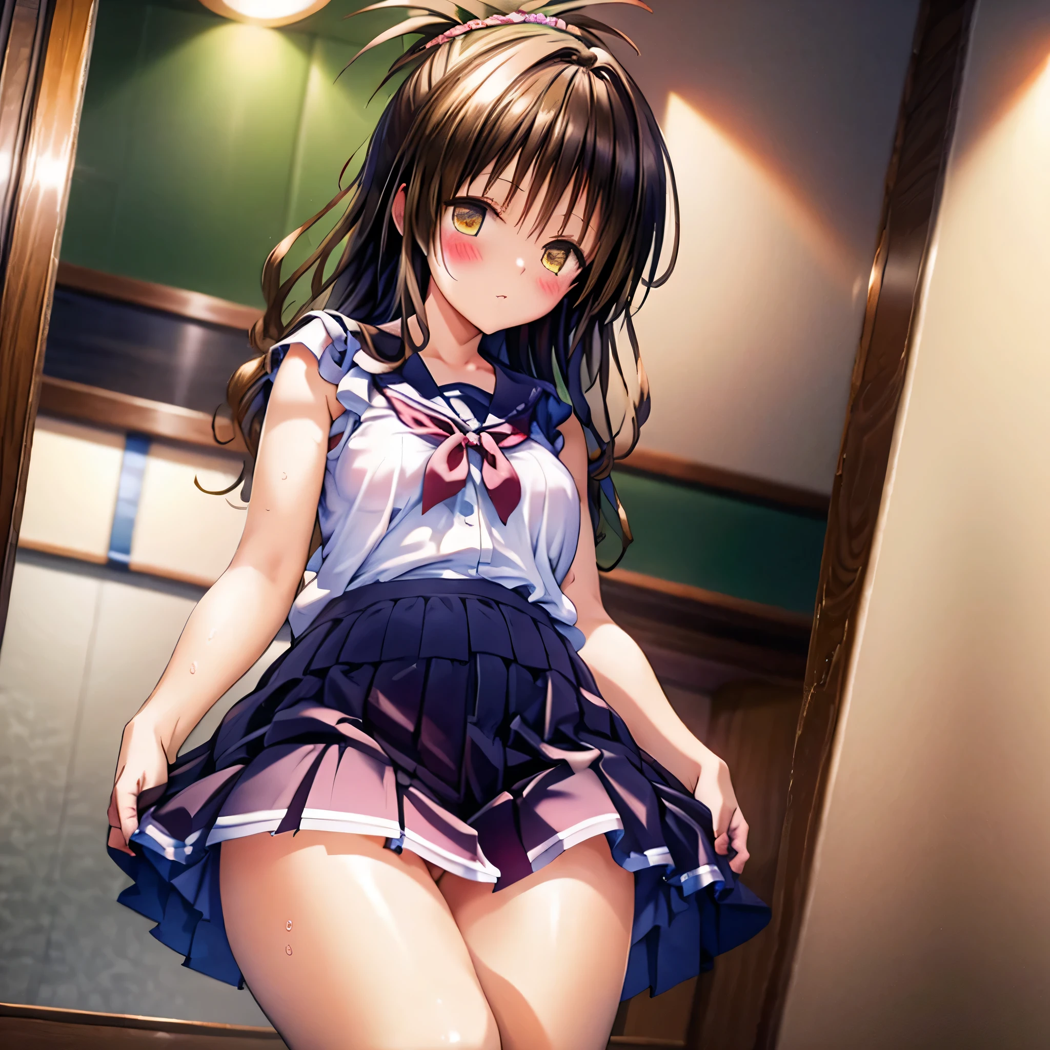 realistically, brown eyes, ponytail, glowing eyes, white short skirt, extra short skirt, Blush, daytime, Wet from the rain, see through, sleeveless shirt, nipples, pussy, crotch, embarrass, Sit with your knees raised, windy, yuki mikan, the skirt is turned up, highest quality, High resolution, highly detailed face, perfect lighting, Very detailed CG, perfect hands, perfect anatomy, hand pulled skirt up,