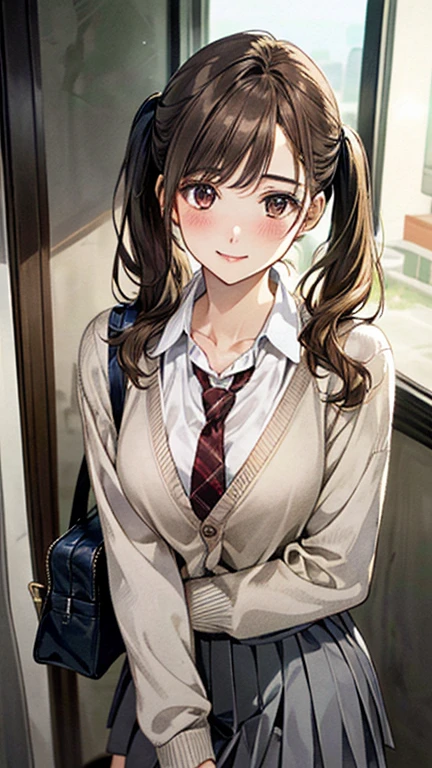 (masterpiece:1.2, highest quality, Ultra-high resolution, Super detailed), (Realistic, photoRealistic:1.4), Beautiful illustrations, (Natural Side Lighting, Cinema Lighting), 
View your viewers, whole body, 1 girl, Japanese,  19 years old, Perfect Face, (Perfect Anatomy), Cute and symmetrical face, Baby Face, Shiny skin, thin, 
(Long Hair:1.5, Low twin tails:1.5, Light brown hair), Swept-apart bangs, Golden Eyes, Droopy eyes, Big eyes, Long Eyelashes, (Medium chest), 
Beautiful Hair, Beautiful Face, Beautiful fine details, Beautiful clavicle, Beautiful body, Beautiful breasts, Beautiful thighs, Beautiful feet, Beautiful fingers, 
((Detailed cloth texture, Long sleeve light brown cardigan:1.4, Light grey pleated skirt, White collared shirt), Dark red tie, White thigh high), Navy School Bag, 
(Beautiful views), Daytime, (Hospital corridor), (Cute smile, Upward glance),Panty shot 