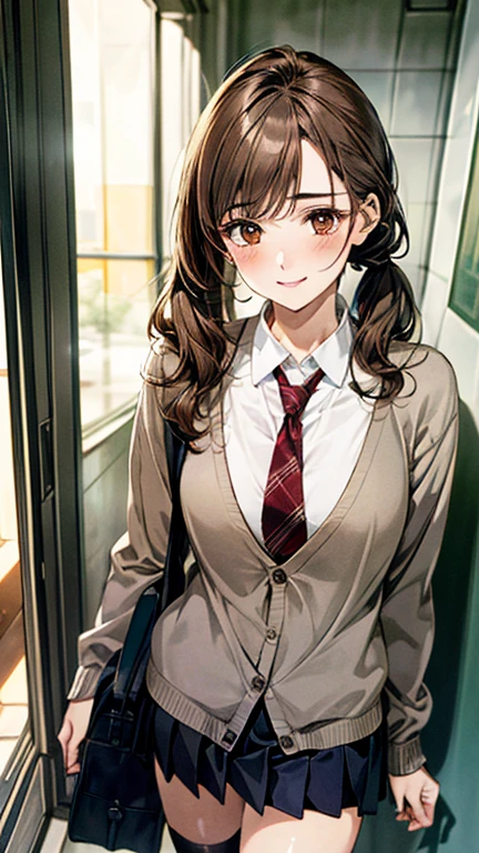 (masterpiece:1.2, highest quality, Ultra-high resolution, Super detailed), (Realistic, photoRealistic:1.4), Beautiful illustrations, (Natural Side Lighting, Cinema Lighting), 
View your viewers, whole body, 1 girl, Japanese,  19 years old, Perfect Face, (Perfect Anatomy), Cute and symmetrical face, Baby Face, Shiny skin, thin, 
(Long Hair:1.5, Low twin tails:1.5, Light brown hair), Swept-apart bangs, Golden Eyes, Droopy eyes, Big eyes, Long Eyelashes, (Medium chest), 
Beautiful Hair, Beautiful Face, Beautiful fine details, Beautiful clavicle, Beautiful body, Beautiful breasts, Beautiful thighs, Beautiful feet, Beautiful fingers, 
((Detailed cloth texture, Long sleeve light brown cardigan:1.4, Light grey pleated skirt, White collared shirt), Dark red tie, White thigh high), Navy School Bag, 
(Beautiful views), Daytime, (Hospital corridor), (Cute smile, Upward glance),Panty shot 