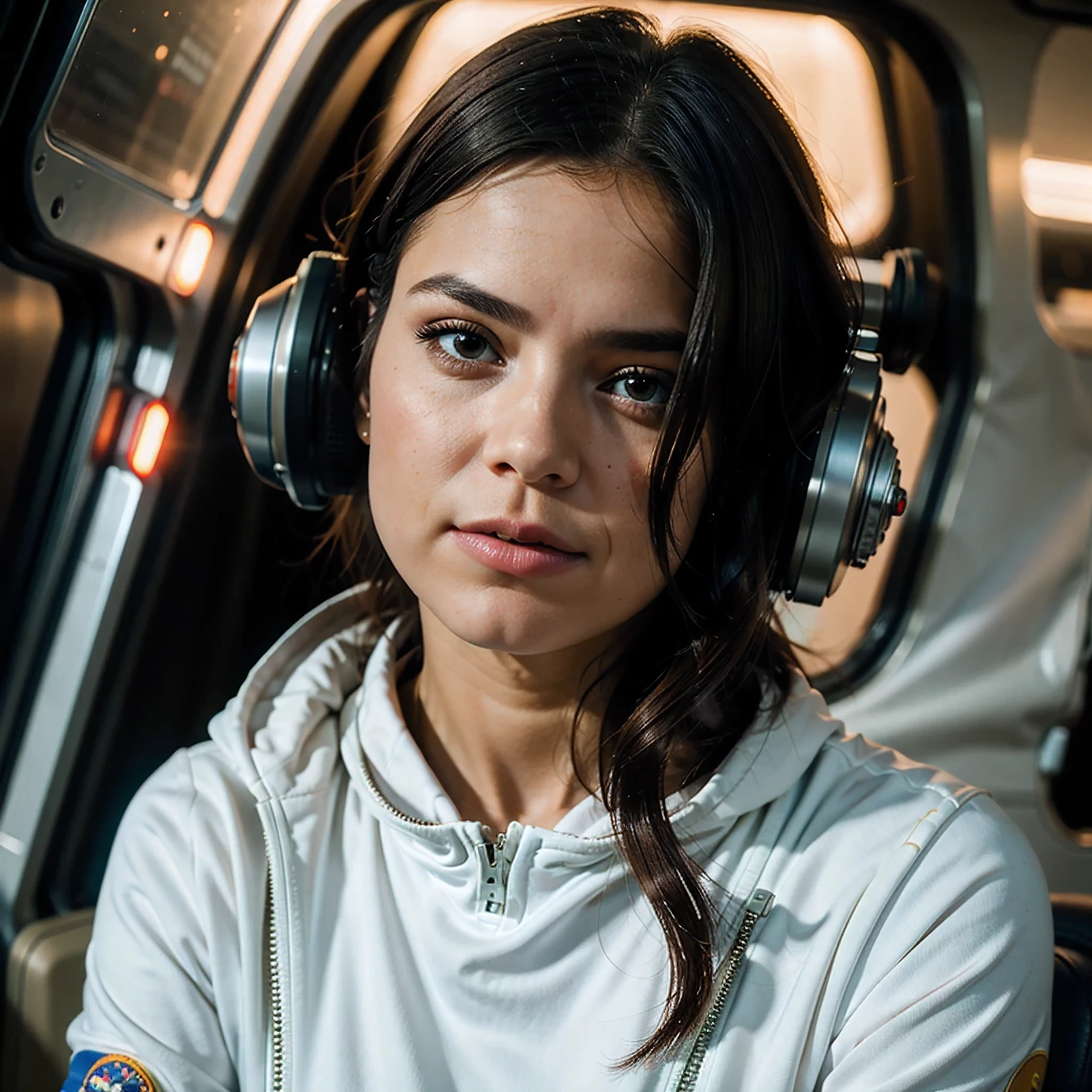 female astronaut j0rd7nj0n3s  in space, beautiful face, realistic photo, (portrait), [smoke], [haze], natural lighting, shallow depth of field, photographed on a Canon EOS-1D X Mark III, 50mm lens, F/2.8, (intricately detailed, hyperdetailed), ((RAW color)), sharp focus, HDR, 4k resolution, Cinematic film