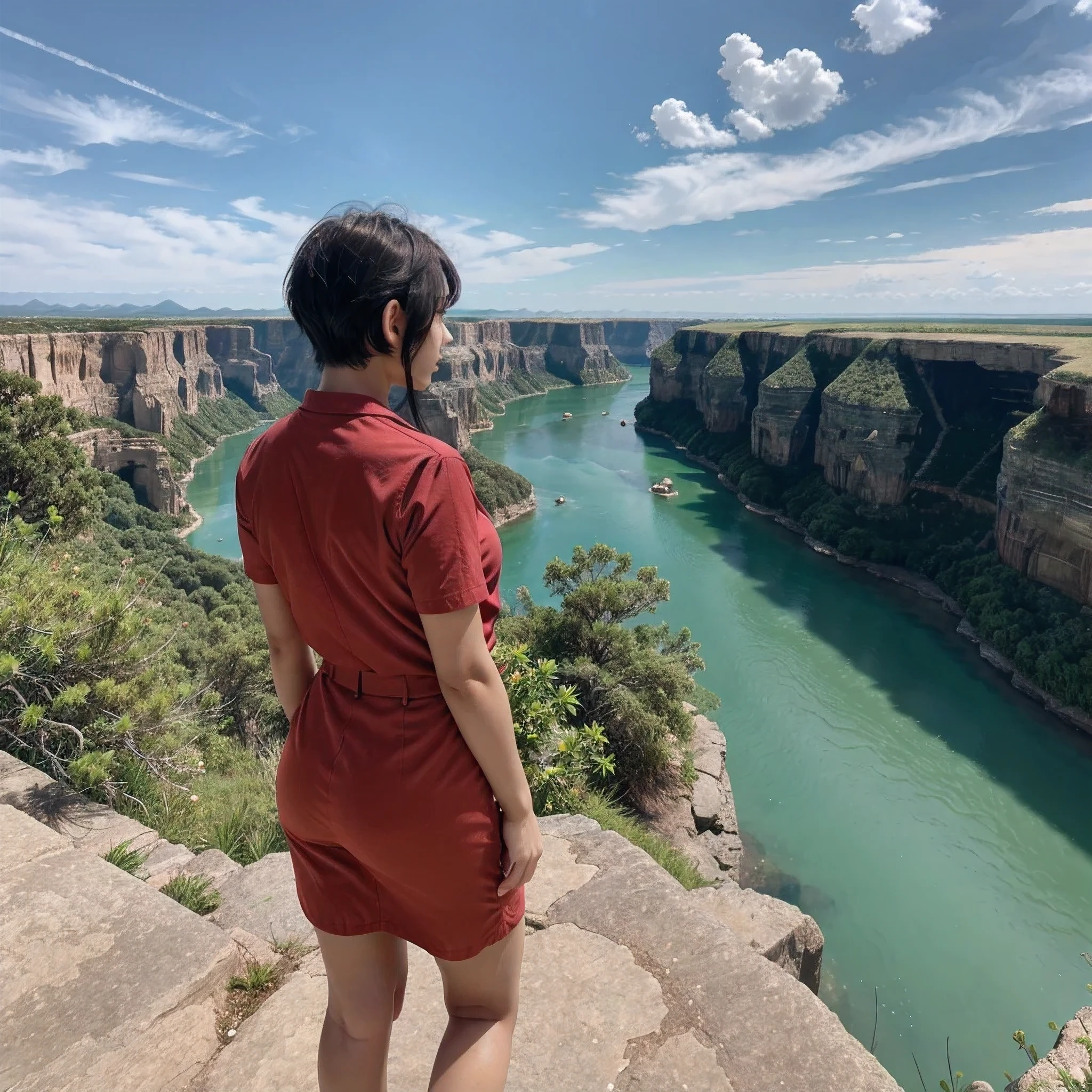 Canyon Ruins Taiju Pickaxe Explorer Explorer's Clothes Hair Green Adult Woman Short Hair Ruins Big Lake Absurdity Big Sky Expansive Nature
