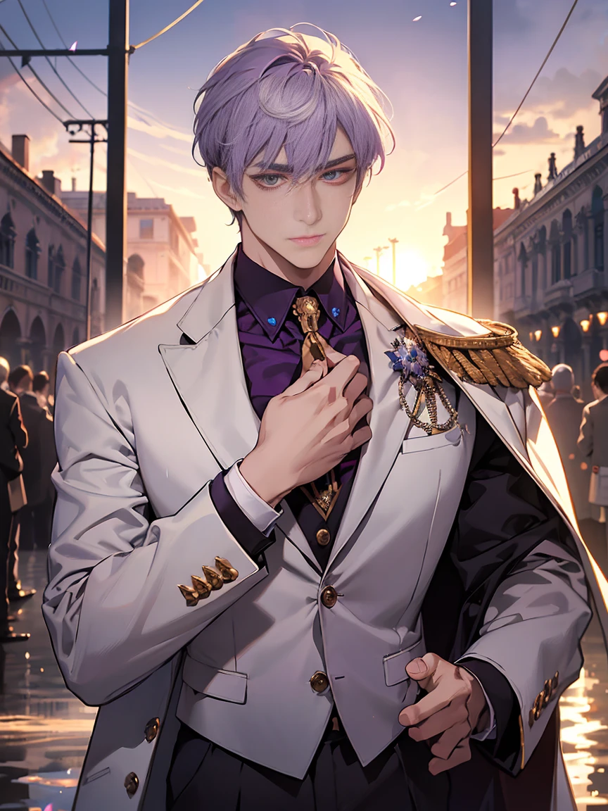 Roman Emperor Constantine the Great resurrected in modern times。34 years old。one adult male。Long body。broad shoulder。thick neck。eyes like a lion。Bright and sharp eyes。Looking here。Sincere and kind。Kind and reliable。Deal with it sternly if necessary.。talented and hardworking businessman。successful gentleman。careerist。he is wearing a high quality white suit。dark purple tie。Light purple shirt。forceful。An overwhelming sense of control。Bold composition。look up to。lyrical。Dramatic。heartful。Romantic。opulent。elegan。elegance。Venice background in the sunset。​masterpiece。top-quality。Super beautiful。The ultra -The high-definition。detaileds。exquisite。