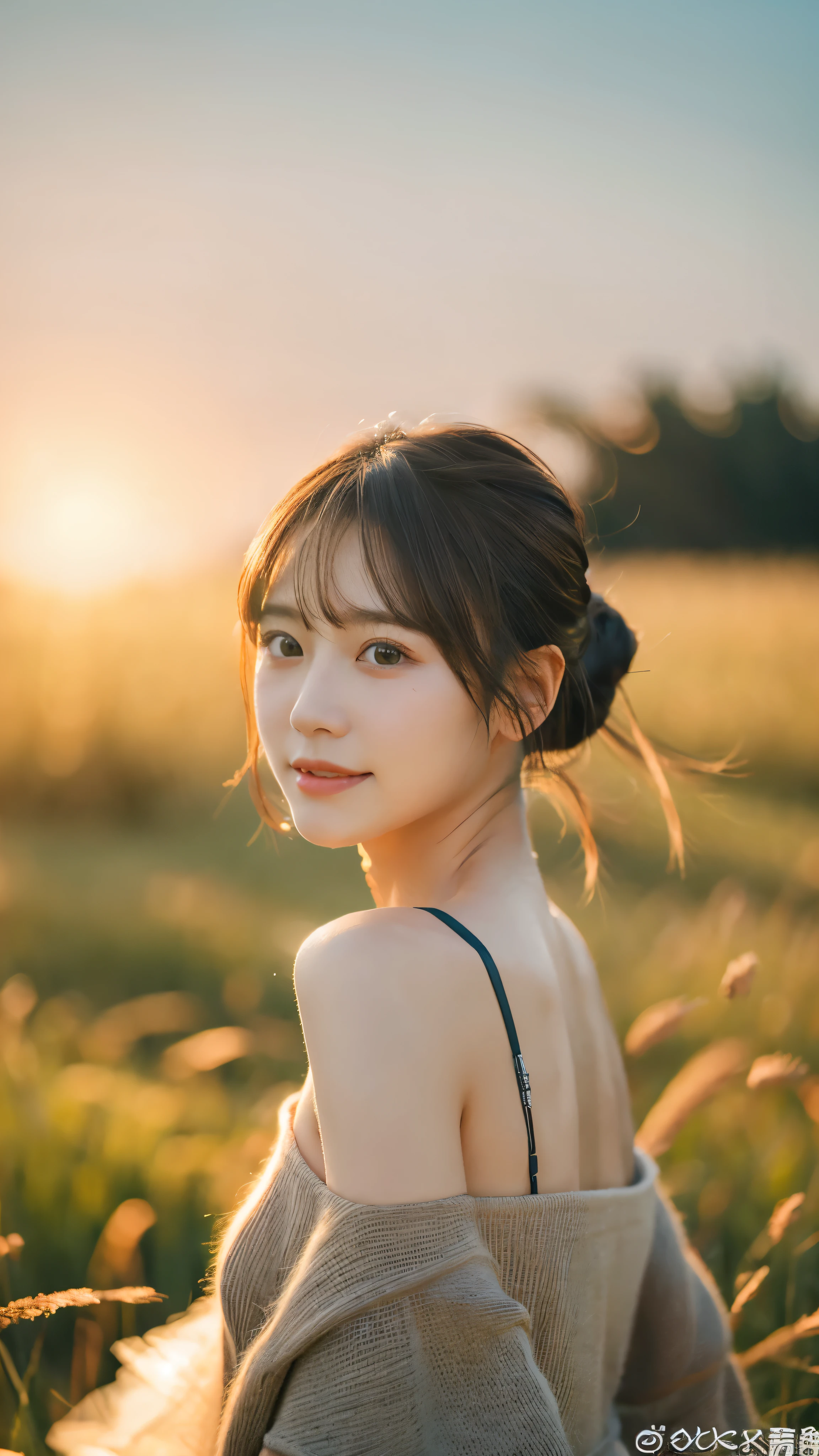 best quality ,masterpiece,Ultra-high resolution, very beautiFul, Kawaii, (Photo-realistic:1.4), 1 Girl, Japanese, Brown hair, Movie, 35mm lens, F/ 1. 8, Accent Lighting, 8k, Overall nudity, Windy Grassland Mountain, Happy, Bun head