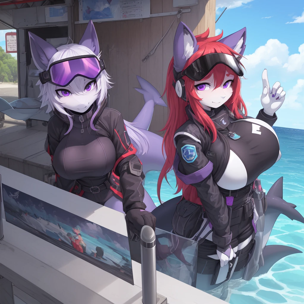 ((best quality, Masterpiece, perfect anatomy, Detailed pictures)), 1 female, arctic protogen, shark girl, Long visor, purple visor, purple eyes, sexy body, Big Pong, big breasts, Future military clothing, Shark tail, red red, shy, in the sea, front view