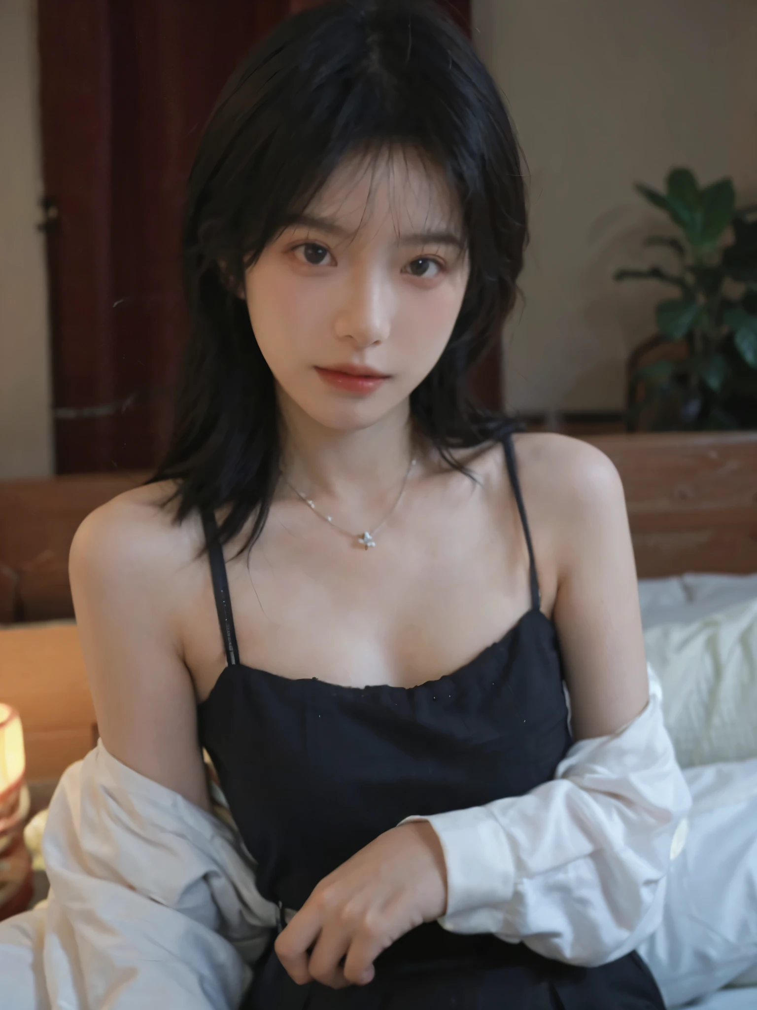Film portrait photography, 2 girls, Bare shoulders,Lipstick,(flat chest:1.4), Wear a necklace,Cute expression,Exquisite makeup,Red suspenders,serene, calm, (Realistic and detailed eyes, Natural skin texture, Realistic facial details), Big breasts:1.6,Big Breasts,Soft dramatic lighting, Depth of Field, Bokeh, Vibrant details, Detailed and detailed, Surreal, 35mm film, hazy, ,