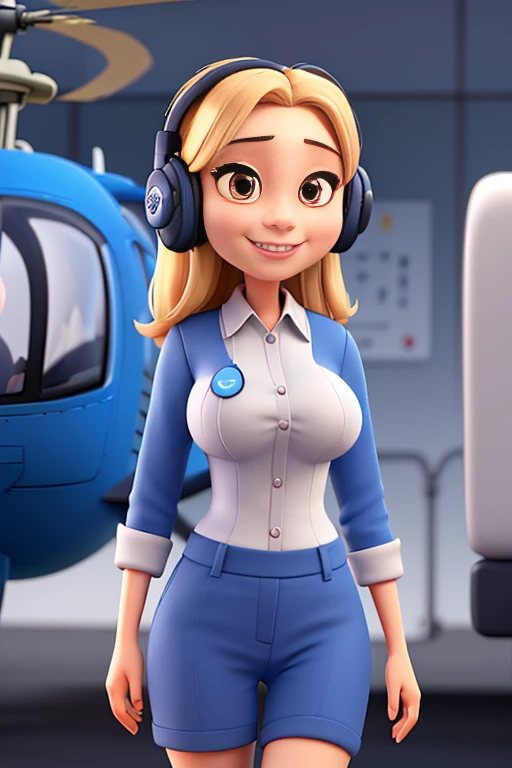 Japanese、Fitted uniform、headphone、Blue uniform、smile、A beautiful 40-year-old woman is piloting a helicopter、Beautiful、Woman with perfect body shape、Large Breasts 、