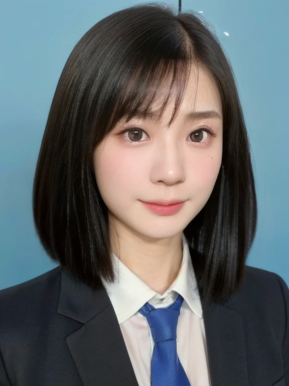 (kawaii 24 year-old Japanese girl, Nogizaka idol, Korean idol), (glossy black hair, short bob, even and symmetric hair design:1.3), (deep black eyes, rounded face, single eyelid, no makeup, serious expression:1.2), (wearing suit jacket, collared shirt, necktie:1.3), (extra small breasts:0.9), (facing straight at camera:1.2), BREAK, (simple blue background, yearbook background:1.3), (portrait, id photo, bust shot, view from straight forward:1.3), (keep enough top margin to avoid the head cropped:1.3), BREAK, (masterpiece, best quality, photo realistic, official art:1.4), (UHD, 8K quality wallpaper, high resolution, raw photo, golden ratio:1.3), (shiny skin), professional lighting, physically based rendering, award winning, (highly detailed skin, extremely detailed face and eyes), Carl Zeiss 85 mm F/1.4, depth of field, 1girl, solo,