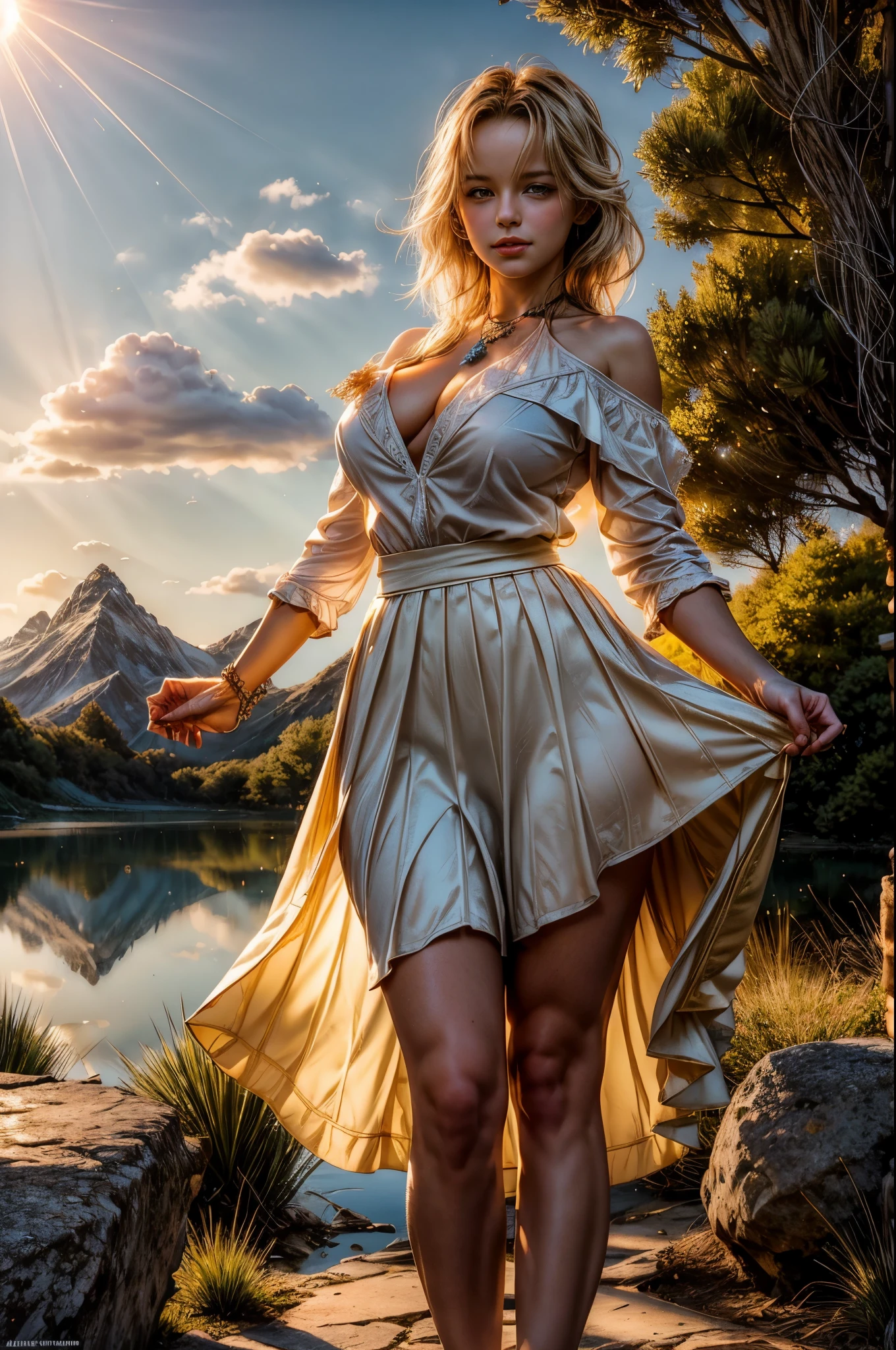 1 girl, happy expression, charming eyes, straight long hair, flowing skirt, big, looking at the sun, calm posture, porcelain-like skin, subtle blush, crystal pendant, Golden Hour, (edge lighting): 1.2, cool colors, sun flare, soft shadows, bright colors, painting effects, fantastic atmosphere, Scenic lakes, distant mountains, pine trees, mountain tops, reflections, sunlit clouds, tranquil atmosphere, idyllic sunrise, Ultra detailed, official art, unified 8k wallpapers, zentangle, mandala