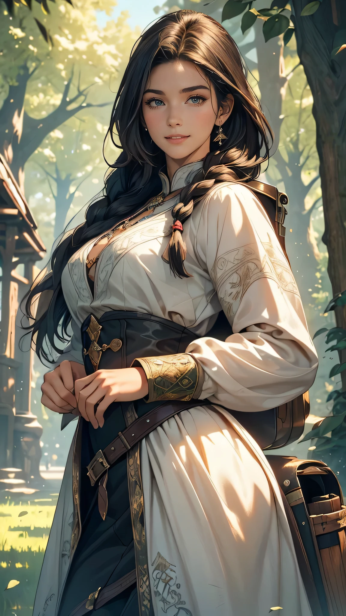(best quality,4k,8k,highres,masterpiece:1.2),ultra-detailed,(realistic,photorealistic,photo-realistic:1.37),traveler girl,long black braided hair,beautiful detailed eyes,beautiful detailed face,detailed black medieval traveler's, black shirt traveler garment,carrying a backpack,riding a horse,scenic background,vibrant colors,dreamlike lighting,adventure vibe,historical fantasy setting,medieval architecture,serene atmosphere,sunlit meadow,lush green grass,tall trees in the distance,crystal clear sky,bright sunshine,gentle breeze,unique perspective,impeccable details,horse's smooth and glossy coat,flowing mane and tail,confident and determined expression,carefree and joyous expression,warm and welcoming feel,blending of nature and human presence,inspiring and awe-inspiring scene