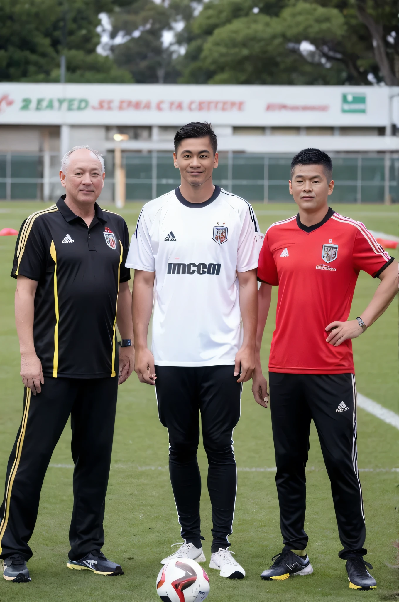 Soccer: 3 male soccer referees wearing red shirts and black pants. ((with bean eyes:1.4))