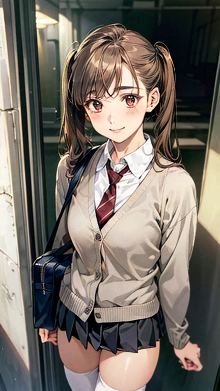 masterpiece:1.2, highest quality, Ultra-high resolution, Super detailed), (Realistic, photoRealistic:1.4), Beautiful illustrations, (Natural Side Lighting, Cinema Lighting), View your viewers, whole body, 1 girl, Japanese, 19 years old, Perfect Face, (Perfect Anatomy), Cute and symmetrical face, , Shiny skin, thin, (Long Hair:1.5, Low twin tails:1.5, Light brown hair), Swept-apart bangs, Golden Eyes, Droopy eyes, Big eyes, Long Eyelashes, (Medium chest), Beautiful Hair, Beautiful Face, Beautiful fine details, Beautiful clavicle, Beautiful body, Beautiful breasts, Beautiful thighs, Beautiful feet, Beautiful fingers, ((Detailed cloth texture, Long sleeve light brown cardigan:1.4, Light grey pleated skirt, White collared shirt), Dark red tie, White thigh high), Navy School Bag, (Beautiful views), Daytime, (Hospital corridor), (Cute smile, Upward glance),Panty shot、Lower Angle