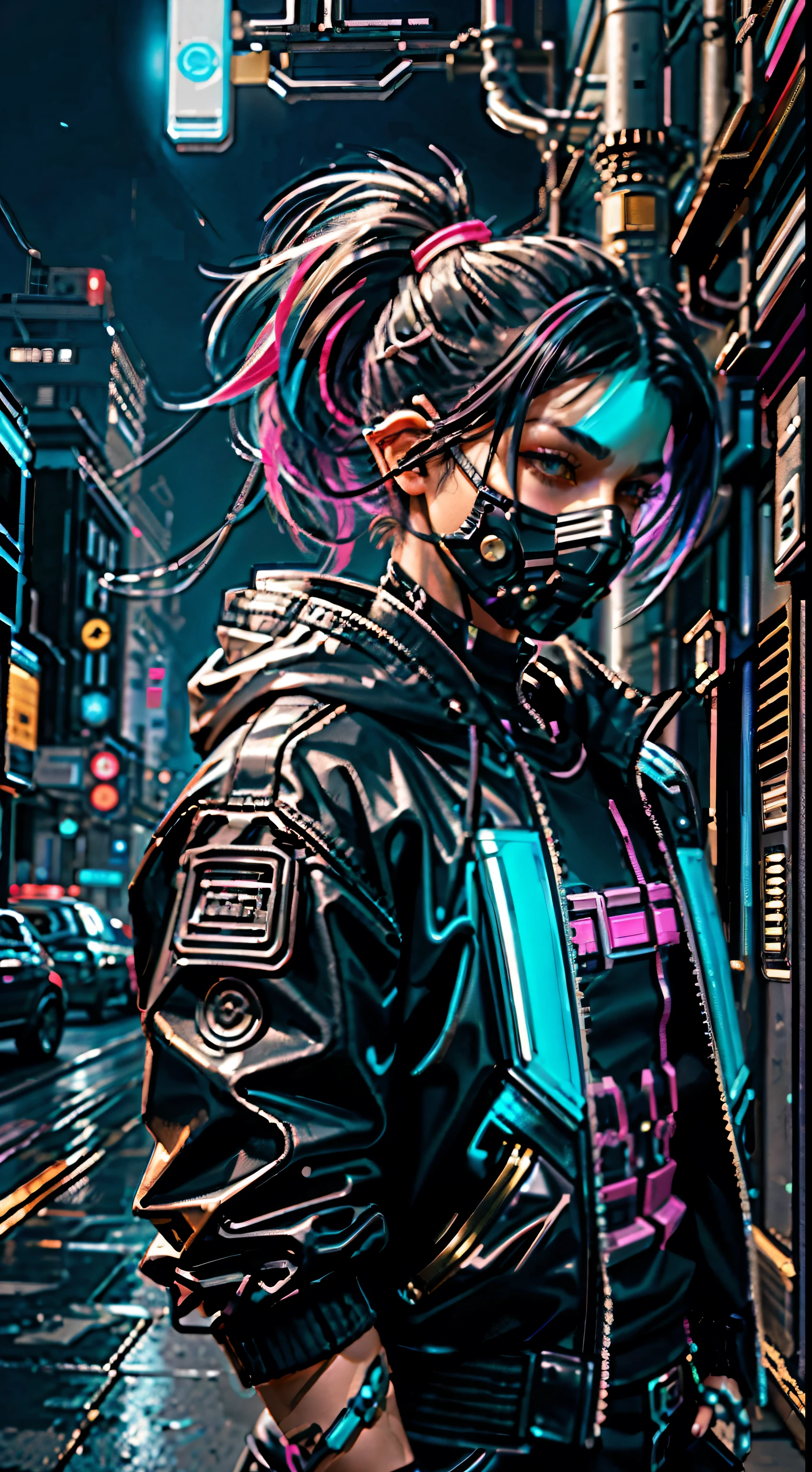 Cyberpunks, Neon, 1 boy, elf, Neon hair, Neon eyes, ponytail hairstyle, black leather jacket,sniper rifle, hood, sneaks, a mask,Goggles,