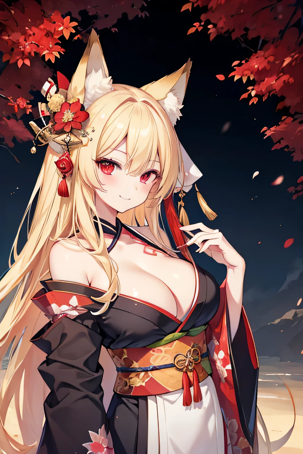 highest quality、Big Breasts、Cleavage、Fox ears、Long blonde、Red Eye、kimono、smile