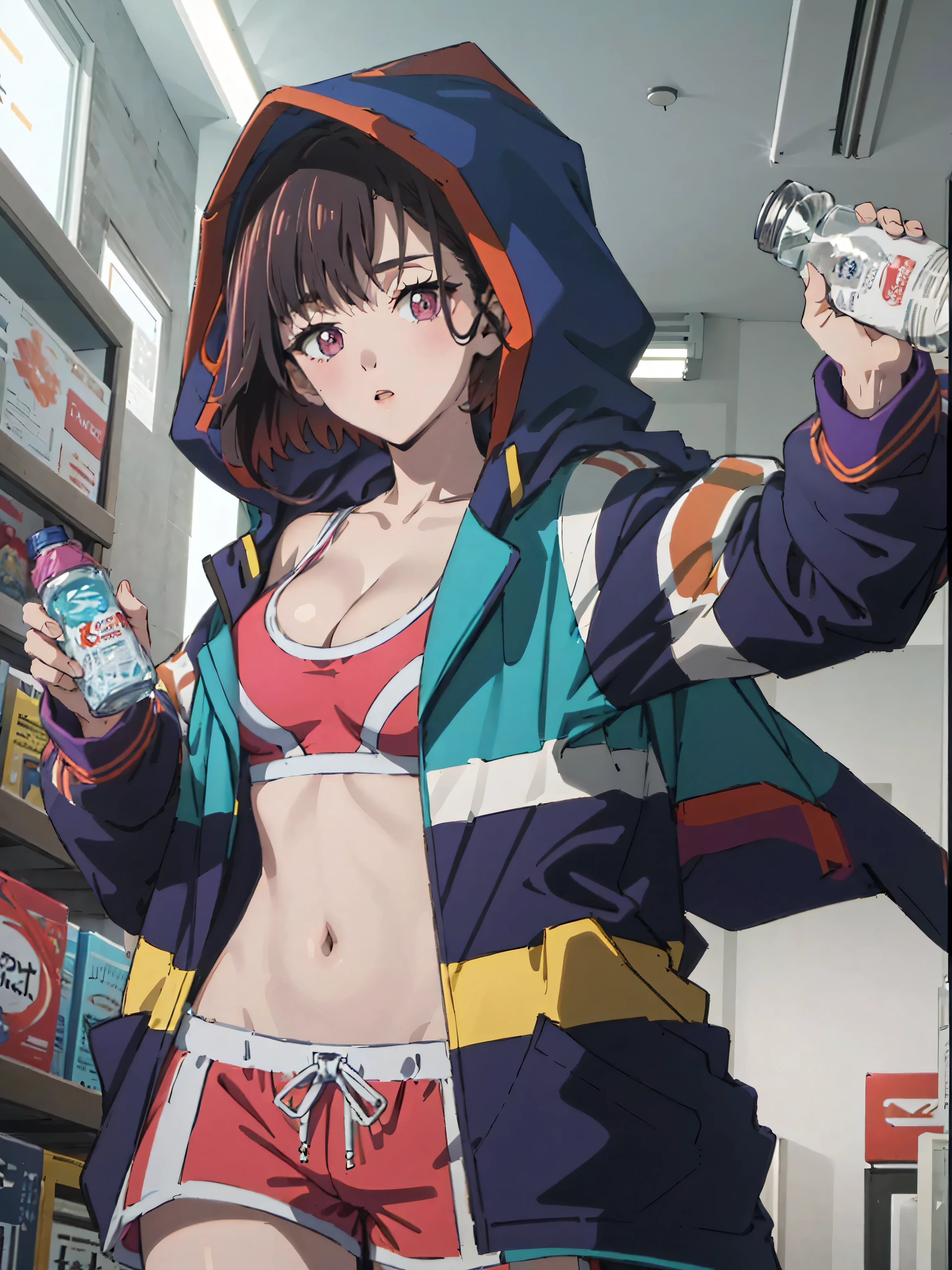 (((masterpiece))), ShizukaMikazuki, 1girl, solo, looking at viewer, short hair, pink short pants, black hair, navel, holding, cleavage, medium breasts, purple eyes, jacket, open clothes, midriff, hood, open jacket, hoodie, bottle, blue jacket, hooded jacket, hood up, sports bra, drinking, water bottle, multicolored jacket,