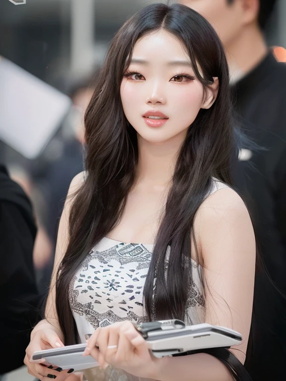 Araffe Asian woman with long black hair holding a tablet, jaeyeon nam, hermosa mujer surcoreana, lee ji - eun, lee ji-eun, muchacha coreana, bae suzy, hermosa joven coreana, jinyoung shin, female korean idol portrait, sun yunjoo, Hwang se - es, hermosa joven coreana, aparcar desde-min