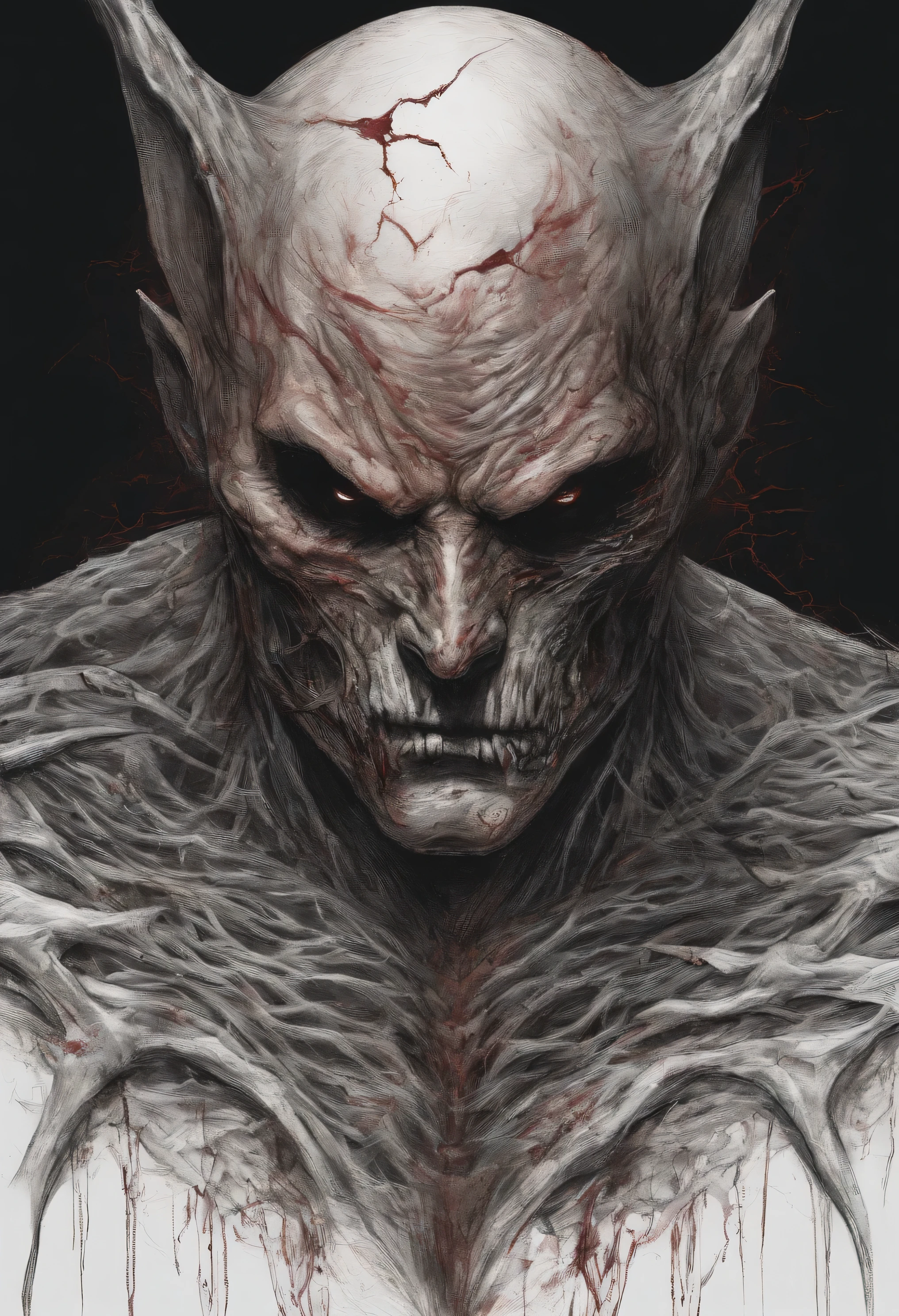 A sketch drawing of character face like a bat, eyes blood red. A nobles men outfit undone and a mess with his skin being a pale red with black veins popping out.