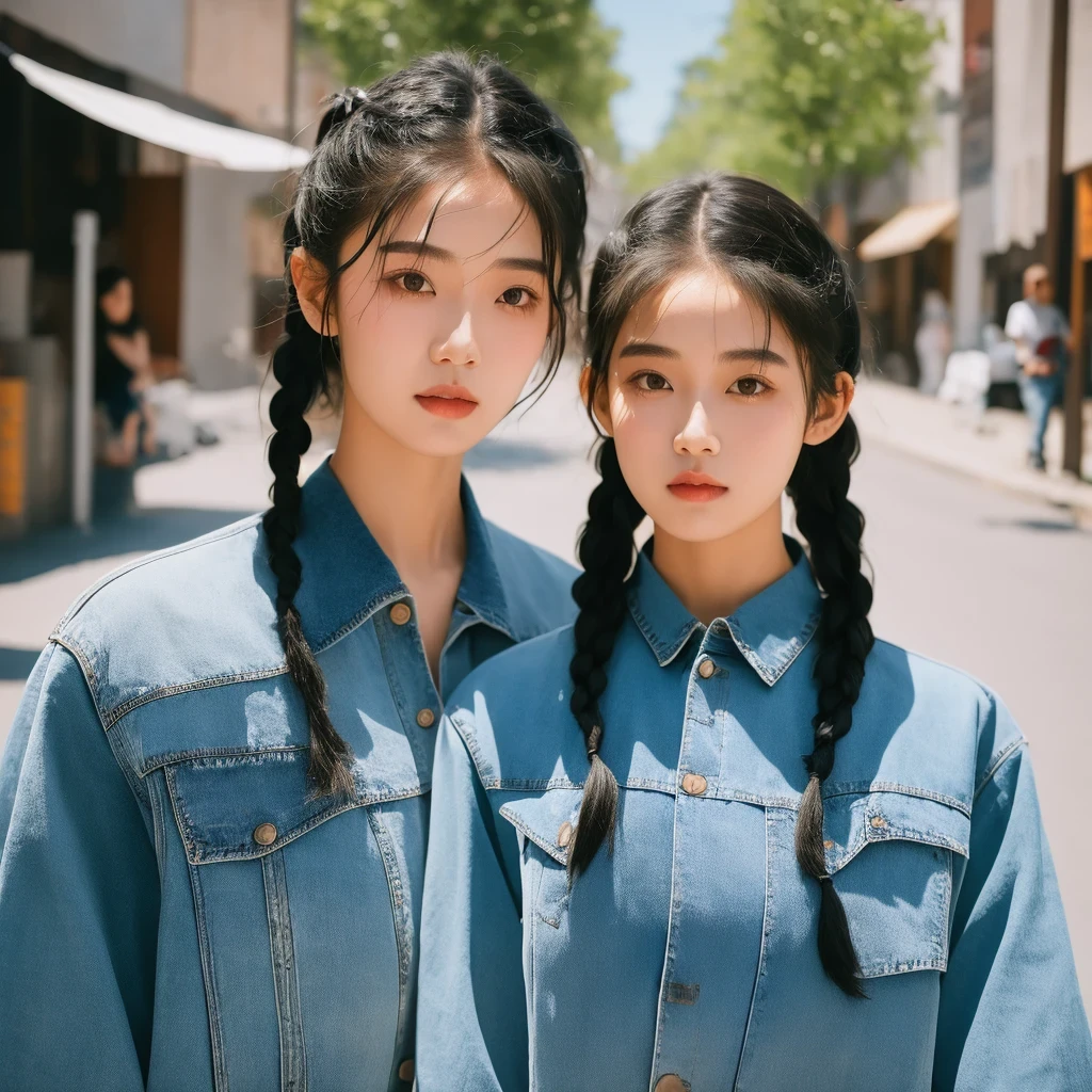 arafed woman with braids in a denim shirt and jeans jacket, by Zhang Han, two pigtails hairstyle, a cute young woman, pigtails hairstyle, young cute wan asian face, by Xia Yong, chinese girl, a beautiful young woman, soft portrait shot 8 k, by Ye Xin, beautiful young girl, young adorable korean face, girl cute-fine-face, , solo，arafed woman with long black hair wearing a denim shirt, korean women's fashion model, photo of slim girl model, cropped shirt with jacket, modern casual clothing, wearing a cropped tops, casual modern clothing, trendy clothes, dilraba dilmurat, wearing a sexy cropped top, wearing tight simple clothes, 17 year old female model, open v chest clothes（（（1girl）））