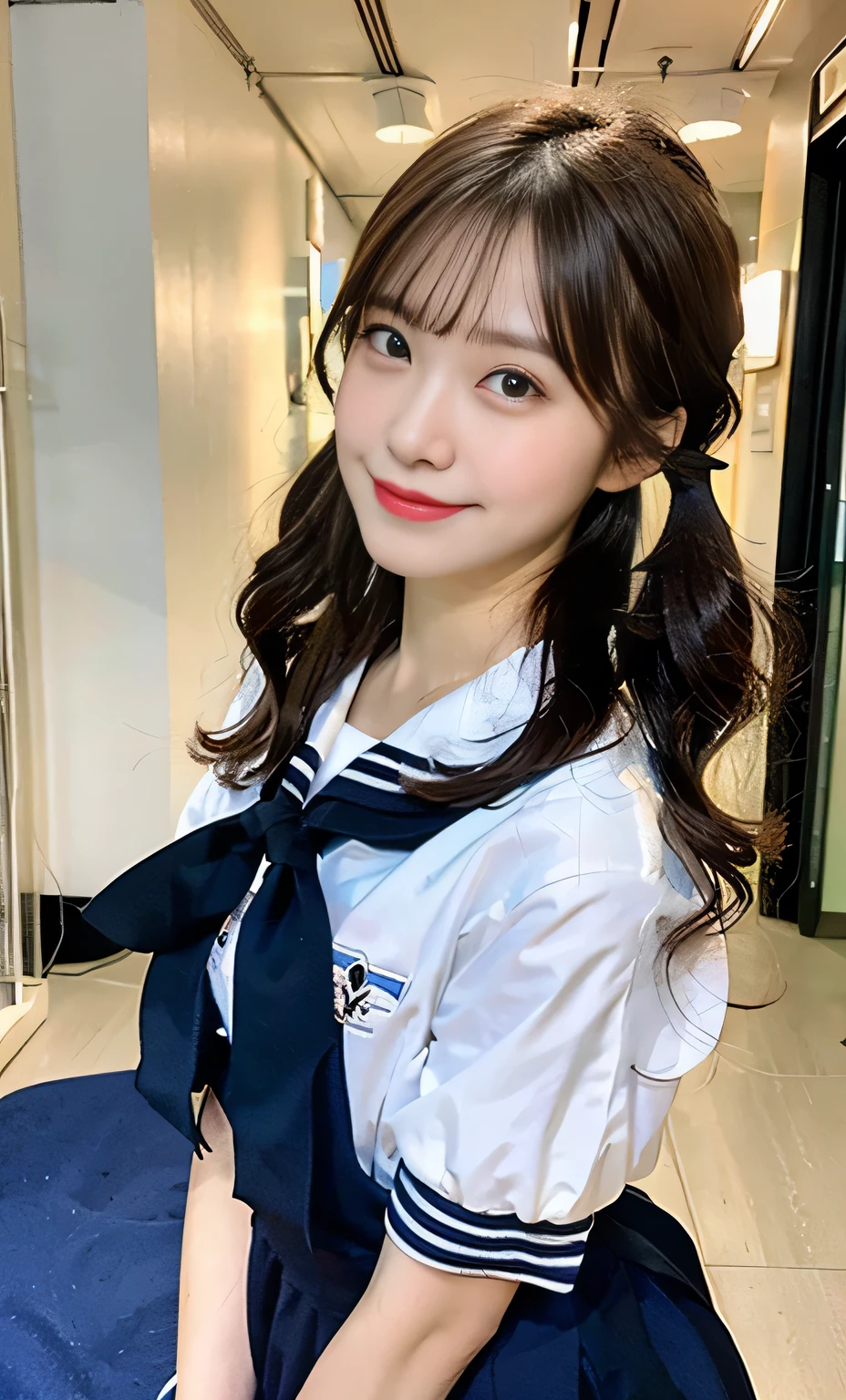 Ulzzang-6500-v1.1, (RAW Photos:1.2), (Realistic:1.4), Beautiful detailed girl, Very detailed eyes and face, Beautiful fine details, Beautiful legs、Ridiculous, Incredibly Ridiculous, Large file size, Super detailed, High resolution, Very detailed, highest quality, masterpiece, Kemomimi,(Overall image、)(Sailor suit、High School Uniform)(Beautiful Face、Black hair in twin tails、Double Eyes)、Beautiful 、whole body、Beautiful legs、Are standing、, Face Light, Cinema Lighting, 1 girl, (smile), (Seductive poses))), (Inside the room)