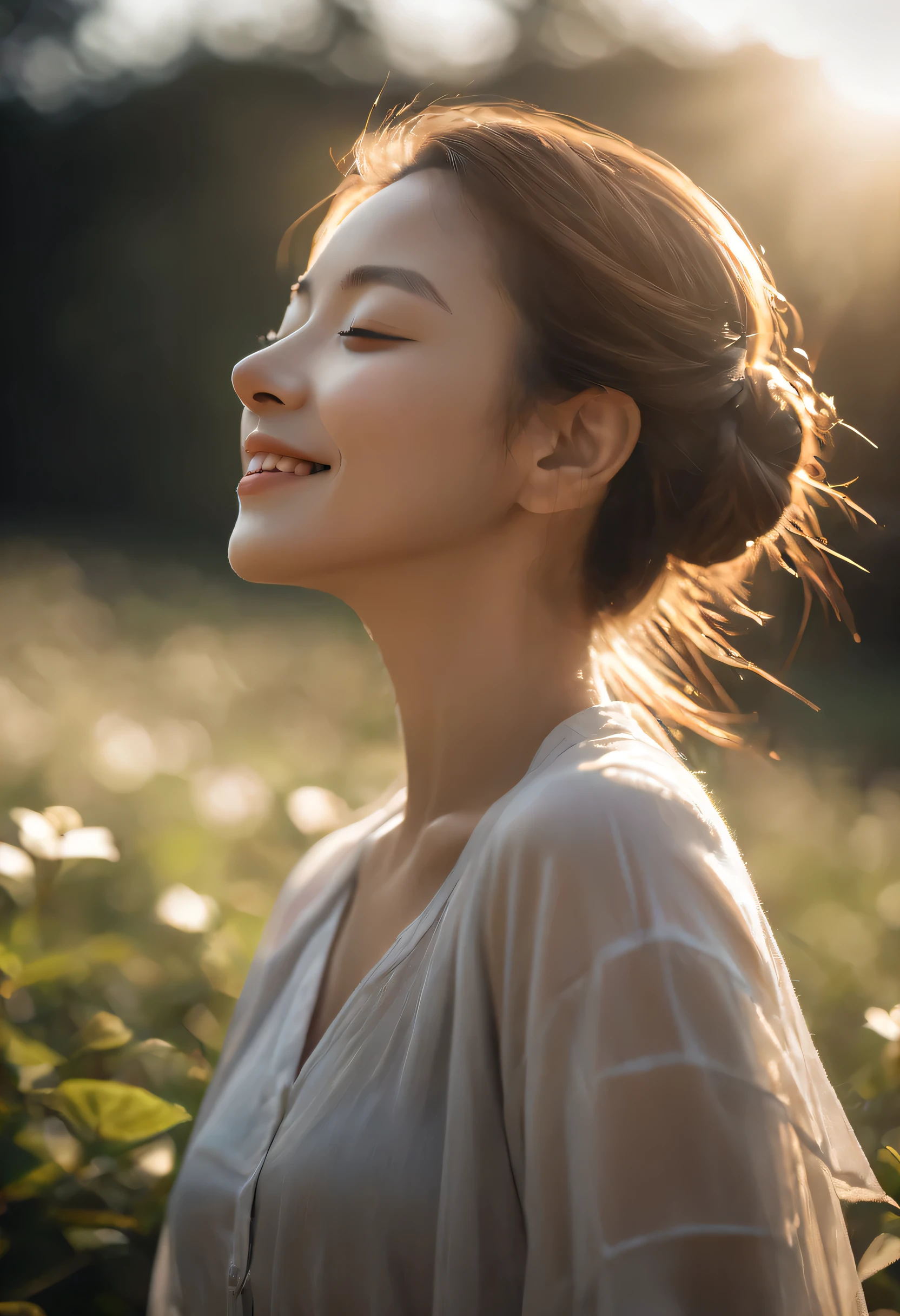(Sunlight,Close your eyes,When looking up,face tilted upward,Close your eyes微笑,Side profile,The rear window lighting is backlit,aperture,Professional photography)