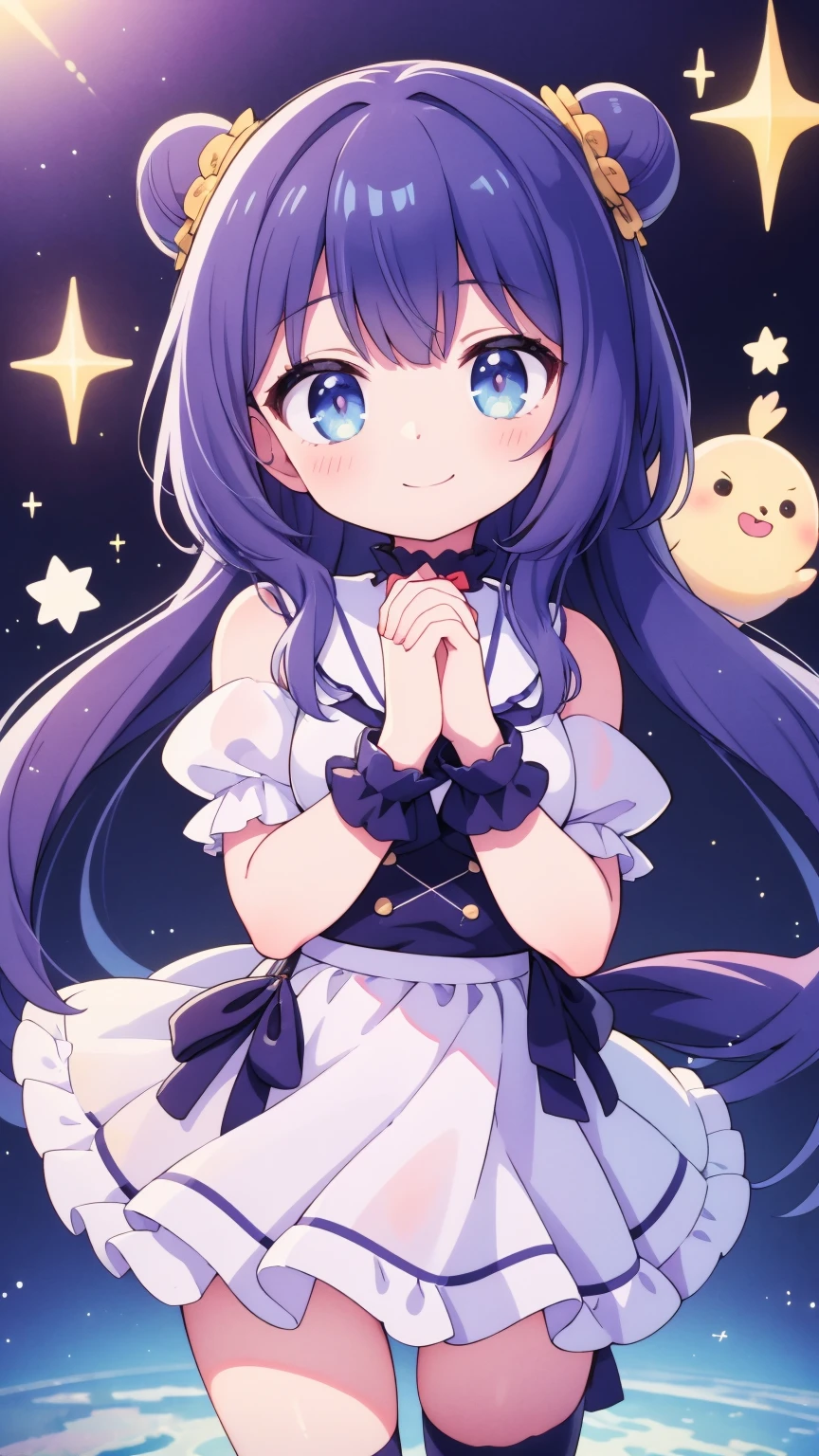 masterpiece，最high quality，超スペシャルcute，cute，smile，Touching face with both hands，Shineピンクの髪_Twin Drill Tail，Chibi Character，Princess Fashion，pastel，ribbon，Frills，Shine，mysterious，high quality，Beautiful graphics，Super detailed，Entering the rings of a planet
