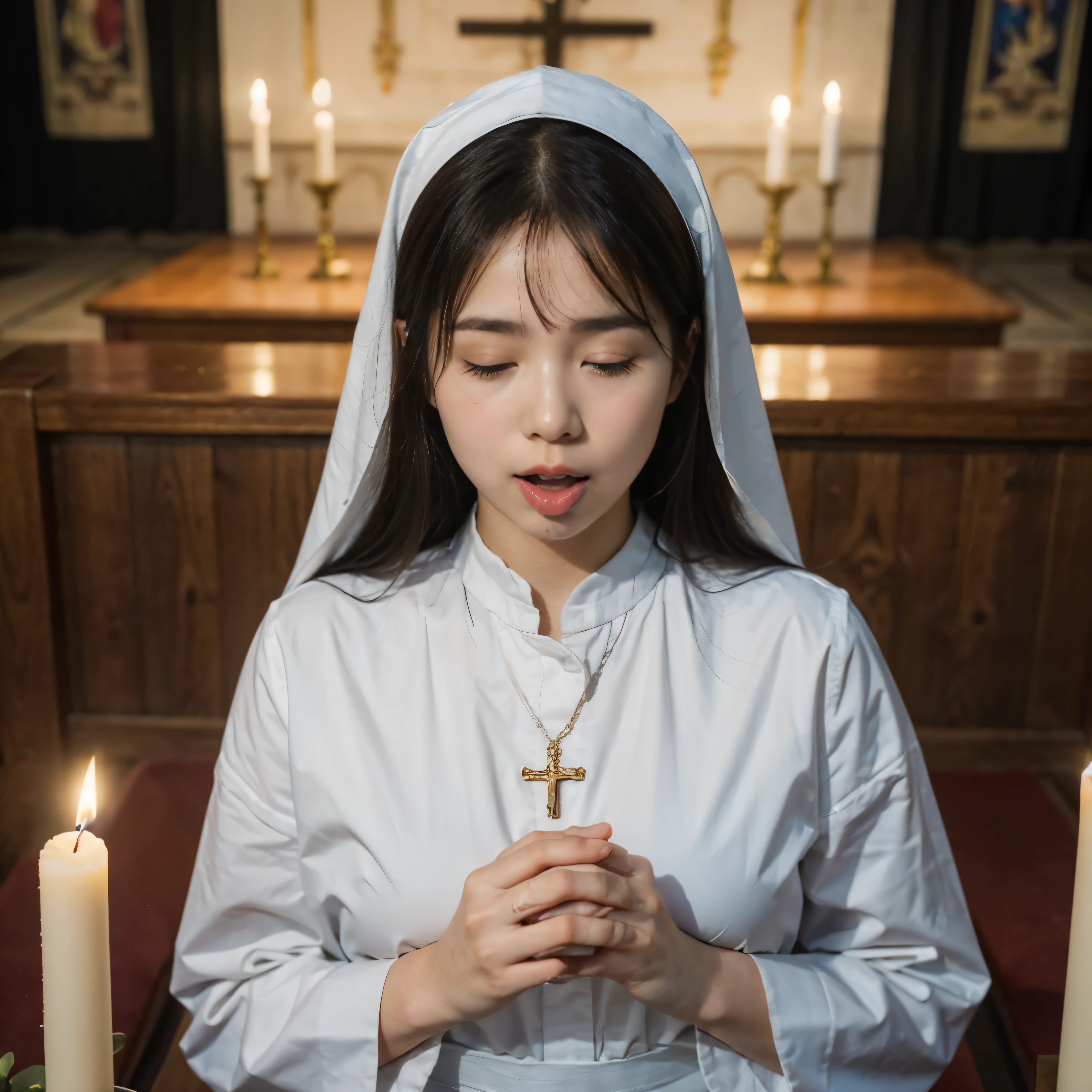 (best quality,4k,8k,highres,masterpiece:1.2),ultra-detailed,(realistic,photorealistic,photo-realistic:1.37),oil painting,soft brush strokes,sacred atmosphere,soft lighting,nun in white habit,candlelight flickering on walls,praying hands with rosary beads,stained glass windows,tranquil expression,gentle smile,golden crucifix necklace,shimmering halo above head,vivid colors,subtle shadows,long wavy hair flowing,elegant posture,peaceful ambiance.A young and very beautiful nun、((Open your mouth wide:1.7))、(Pour a large amount of milky lotion onto your face)、Wearing a blindfold、Face the viewer、Kneeling pose、At the altar of the chapel、Shot from above、cr1r3、lora:Mary_N_RV2_150:0.7、natural breasts