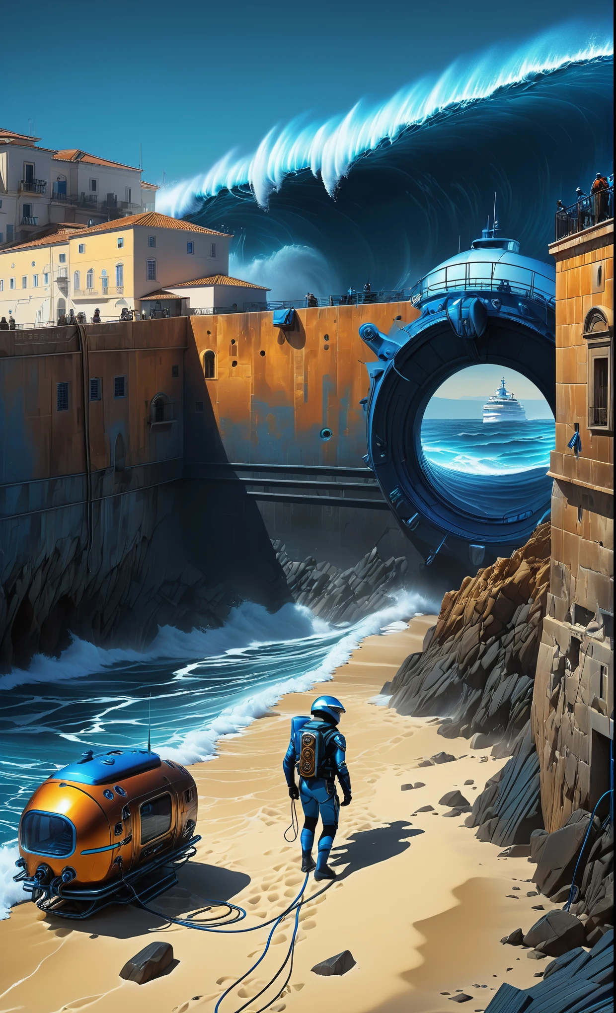 Nazare Nautica vol.2 Oldtown, by Luis Duarte, Nanopunk, blue shading, Nazare style, Element Water, Mythpunk, Graphic Interface, Space Art, Sci-Fic Art, Dark Influence, NijiExpress 3D v3, Kinetic Art, Datanoshing, Oilpainting, Ink v3, Splash style, Abstract Art, Abstract Tech, Cyber Tech Elements, Futuristic, Epic style, Illustrated v3, Deco Influence, AirBrush style, drawing