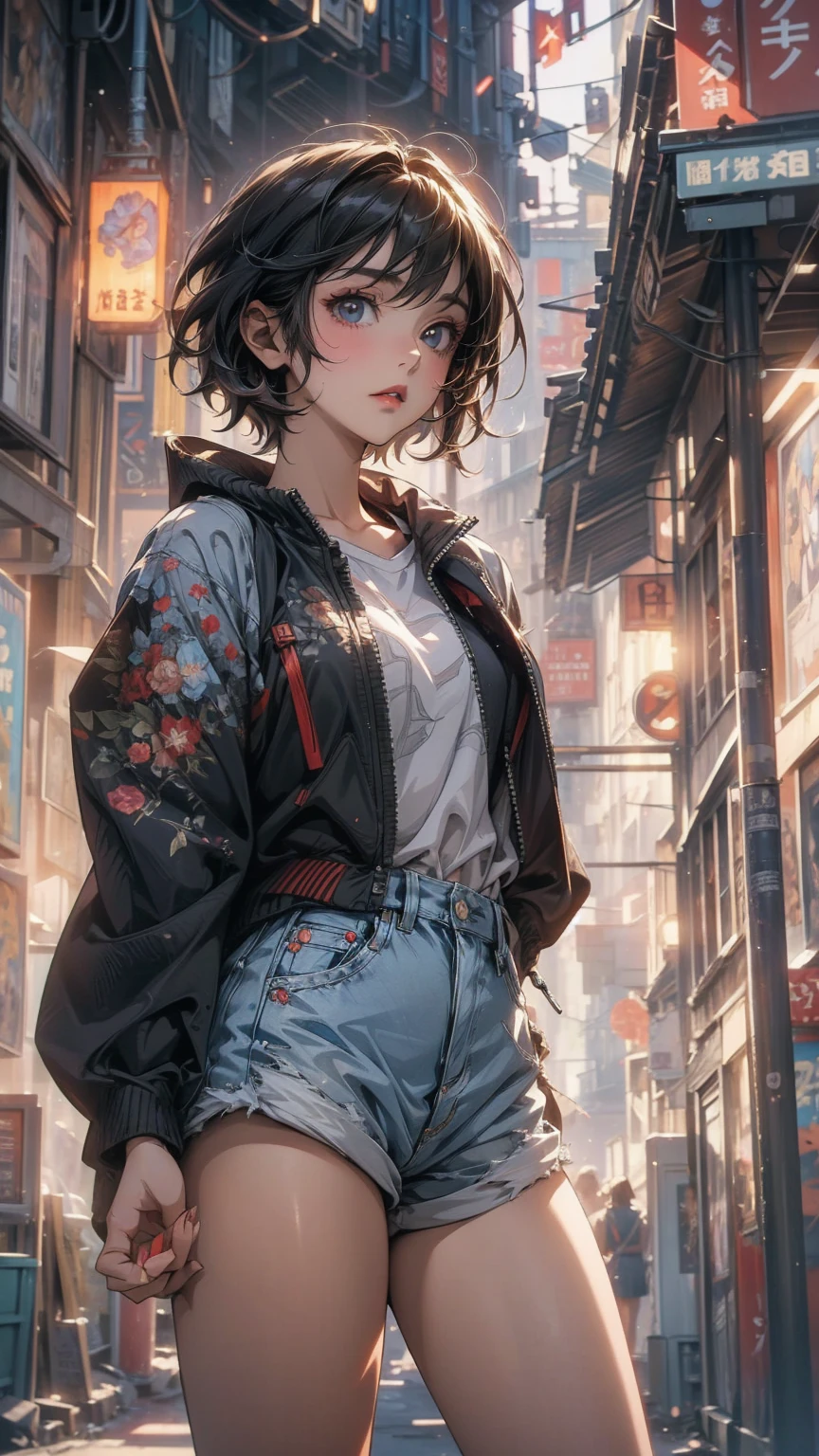 ((Highly detailed CG unit 8K wallpaper, masterpiece, High resolution, highest quality)), Structure from head to thighs:1.3, Upper body focus, 20-year-old woman, short hair, Avant-garde makeup, Hands in pockets pose:1.5, Blouson&Coordination of micro mini shorts, Blurred Background, A deserted back alley in Paris, Cinema Lighting, Anime Style, Simple lines, Digital Painting,