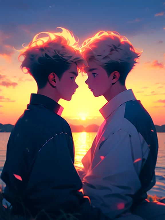 Two boys sitting together watching the sunrise,shoun,Two agers,On the left is the blond boy,Short hair,side parted hair,On the right is the pink-haired boy,voluminous and messy hair,Sunny lovely,Handsome,Lovers,𝓡𝓸𝓶𝓪𝓷𝓽𝓲𝓬,sunraise