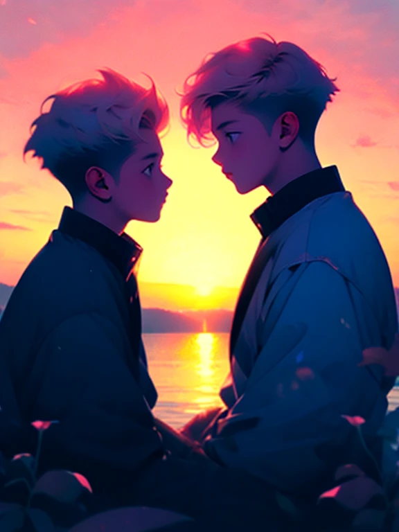 Two boys sitting together watching the sunrise,shoun,Two agers,On the left is the blond boy,Short hair,side parted hair,On the right is the pink-haired boy,voluminous and messy hair,Sunny lovely,Handsome,Lovers,𝓡𝓸𝓶𝓪𝓷𝓽𝓲𝓬,sunraise