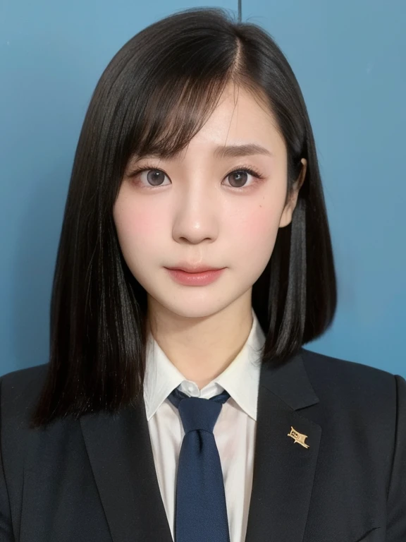 (kawaii 24 year-old Japanese girl, Nogizaka idol, Korean idol), (glossy black hair, short bob, even and symmetric hair design:1.3), (deep black eyes, rounded face, single eyelid, no makeup, serious expression:1.2), (wearing suit jacket, collared shirt, necktie:1.3), (extra small breasts:0.9), (facing straight at camera:1.2), BREAK, (simple blue background, yearbook background:1.3), (portrait, id photo, bust shot, view from straight forward:1.3), (keep enough top margin to avoid the head cropped:1.3), BREAK, (masterpiece, best quality, photo realistic, official art:1.4), (UHD, 8K quality wallpaper, high resolution, raw photo, golden ratio:1.3), (shiny skin), professional lighting, physically based rendering, award winning, (highly detailed skin, extremely detailed face and eyes), Carl Zeiss 85 mm F/1.4, depth of field, 1girl, solo,