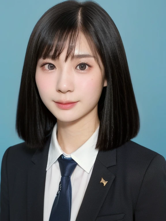 (kawaii 24 year-old Japanese girl, Nogizaka idol, Korean idol), (glossy black hair, short bob, even and symmetric hair design:1.3), (deep black eyes, rounded face, single eyelid, no makeup, serious expression:1.2), (wearing suit jacket, collared shirt, necktie:1.3), (extra small breasts:0.9), (facing straight at camera:1.2), BREAK, (simple blue background, yearbook background:1.3), (portrait, id photo, bust shot, view from straight forward:1.3), (keep enough top margin to avoid the head cropped:1.3), BREAK, (masterpiece, best quality, photo realistic, official art:1.4), (UHD, 8K quality wallpaper, high resolution, raw photo, golden ratio:1.3), (shiny skin), professional lighting, physically based rendering, award winning, (highly detailed skin, extremely detailed face and eyes), Carl Zeiss 85 mm F/1.4, depth of field, 1girl, solo,