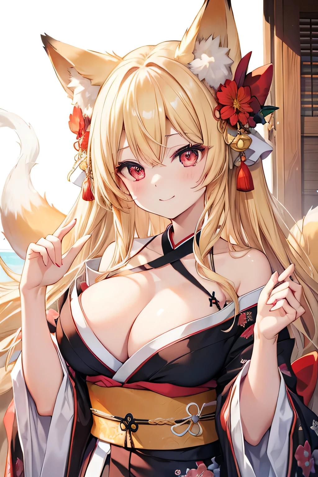 highest quality、、Big Breasts、Cleavage、Fox ears、Long blonde、Red Eye、kimono、smile