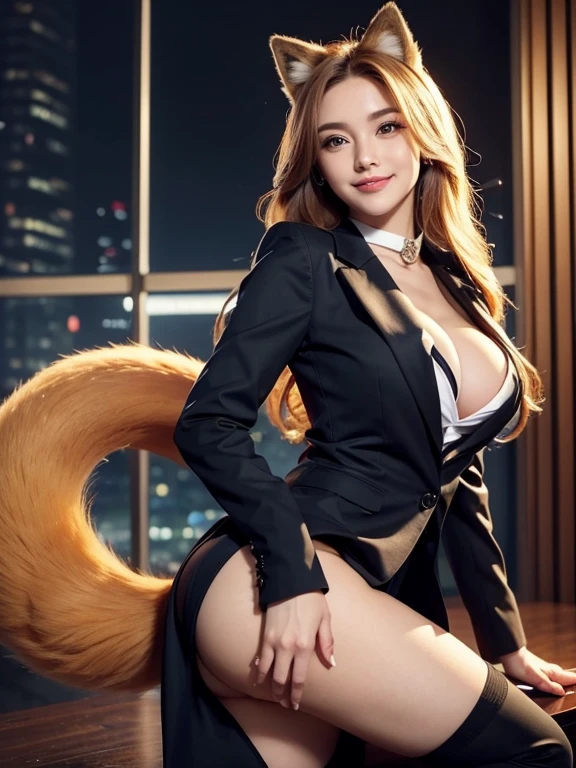 ((highest quality, 32k)), ((masterpiece)), (Get used to it), Perfect Face, Fox Girl, Beautiful woman, public, There is a tail, she has a fox tail, She wags her fluffy tail, smile, collar, She wears a business suit, Beautiful hip line, A tail sticking out from a business suit, Large Breasts, Big Ass