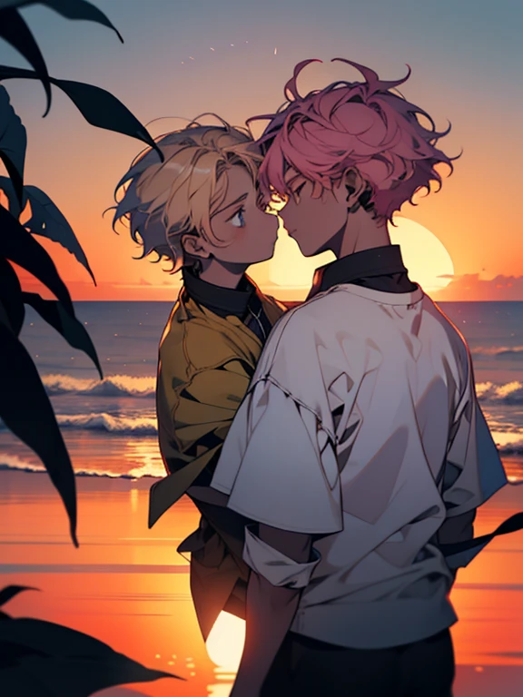 Dois meninos sentados juntos assistindo o nascer do sol,MOSTRAR,dois adolescentes,On the left is the blond boy,cabelo curto,cabelo repartido lateralmente,On the right is the boy with pink hair,Voluminous and messy hair,Sunny lovely,bonito,Amantes,𝓡𝓸𝓶𝓪𝓷𝓽𝓲𝓬,nascer do sol