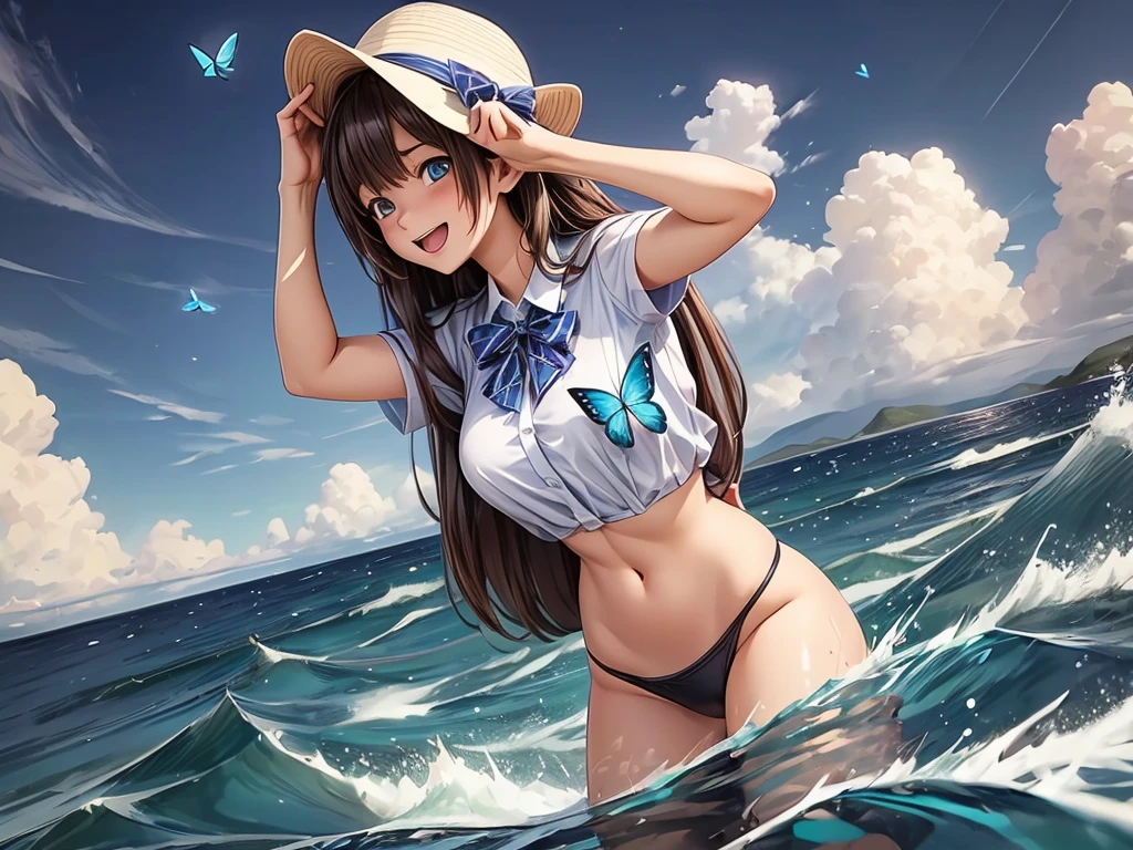 (best quality,4k,8k,highres,masterpiece:1.2), detailed blue butterflies flying above the sea, elegant yacht, white waves, vivid colors, glowing sunlight, calm ocean, surreal atmosphere, dreamlike composition, soft breeze