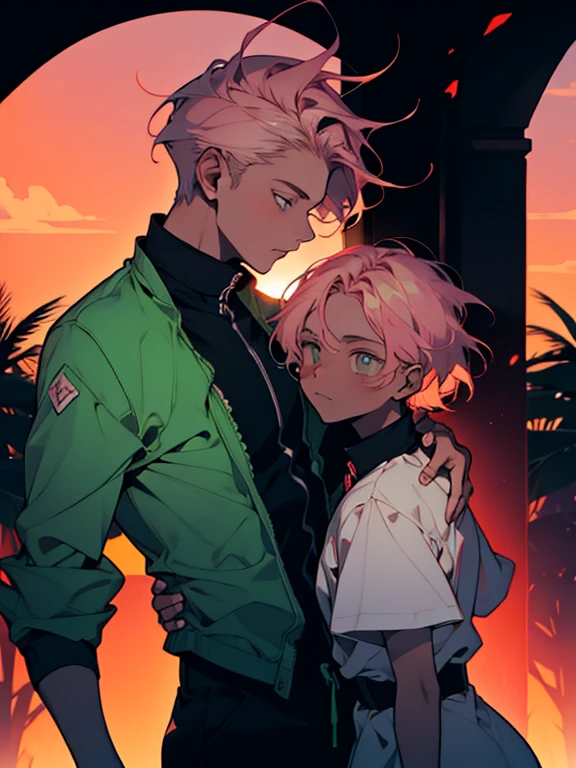 Dois meninos sentados juntos assistindo o nascer do sol，MOSTRAR，dois adolescentes，On the left is the blond boy，cabelo curto，cabelo repartido lateralmente，On the right is the boy with pink hair，Voluminous and messy hair，Sunny lovely，bonito，Amantes，𝓡𝓸𝓶𝓪𝓷𝓽𝓲𝓬，nascer do sol