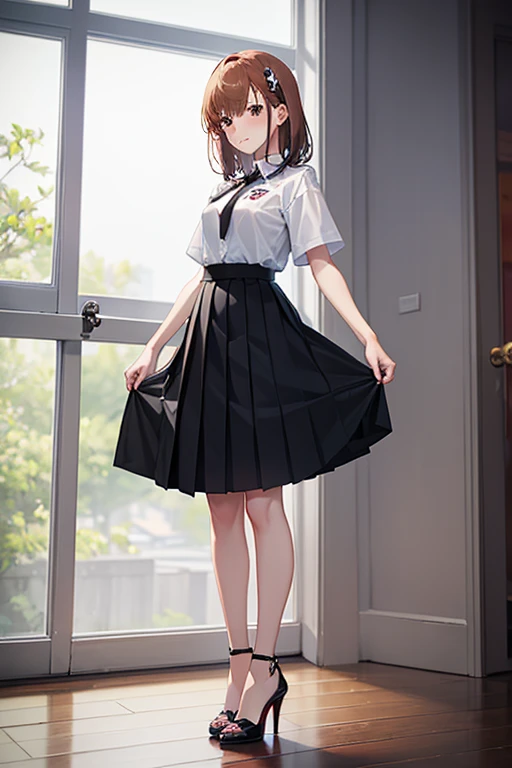 Masterpiece，Full body view、Standing Accurately, Toes on the feet、Misaka Mikoto、Black pleated mini skirt、High heels、Short sleeve Y-shirt、Beauty、Sexy pose、Provocative、Smile,