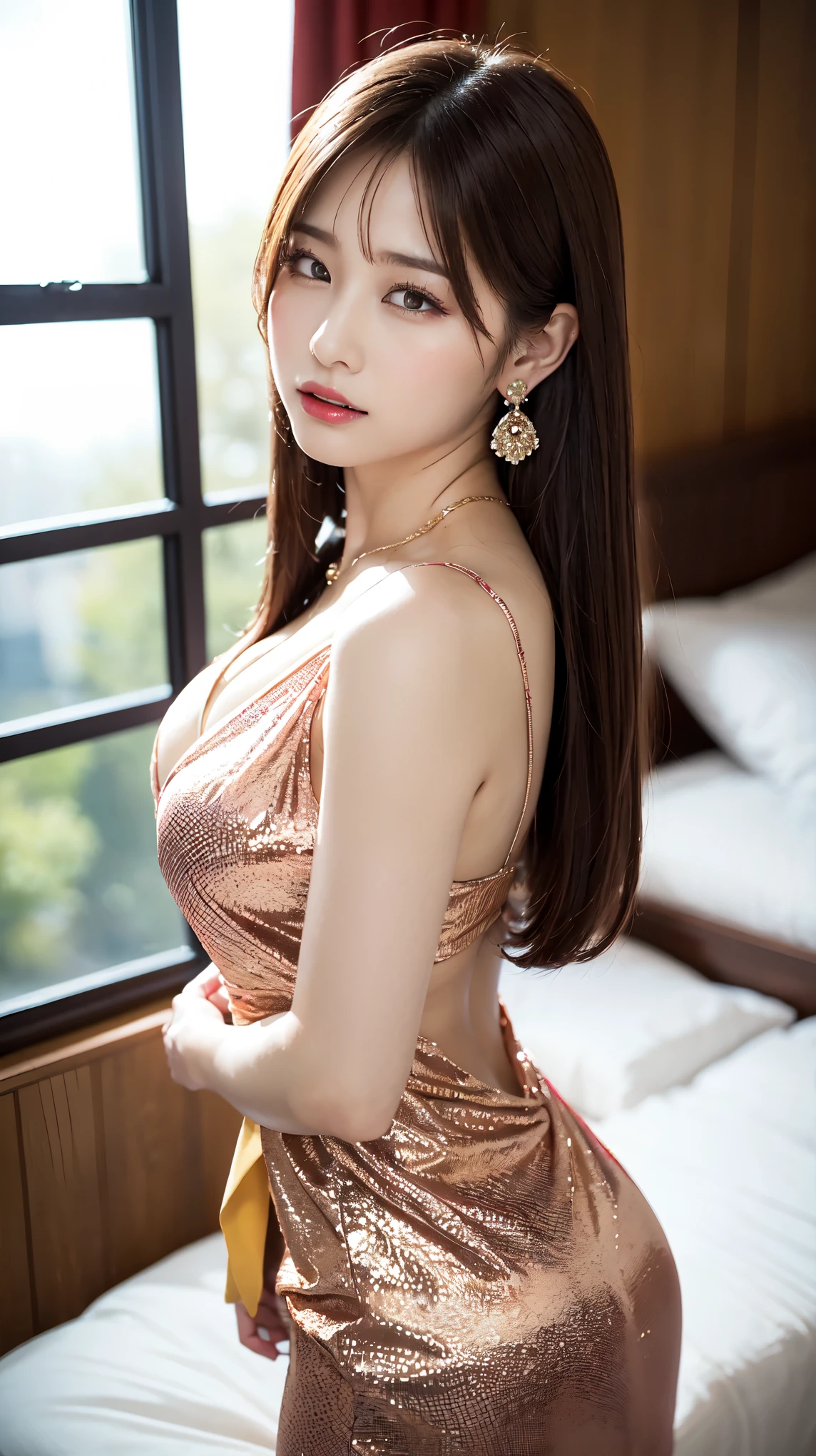 On the bed, 1 female, Beautiful Japanese actresses, Age 25, Double Eyes,mile, Detailed face, Big earrings,Large Necklace, Flashy makeup using red eyeshadow,light brown delicate middle cut hair,the tips of the hair are wavy,Classy hairstyle,fine grain,Slender actress, Big Breasts, valley, Small hips, Side Bust Barbosa, Sexy silk embroidered mermaid dress:1.2,BREAK ceremony,((masturbating violently:1.5)), ((Random sexy poses、Insert、Deep pleasure, Ecstatic eyes:1.2)), ((I close my eyes and gasp hard:1.2))、Ecstatic face、Climax expression, Grit your teeth、My whole body is convulsing, Look at the ceiling, Official Art,Highly detailed CG Unity 8k wallpaper, (masterpiece:1.0),(highest quality:1.0), photo shoot, 8k, Browsing Caution, High resolution, Kodak Portrait 400, Film Grain, Lens flare brilliance,View your viewers, Side view