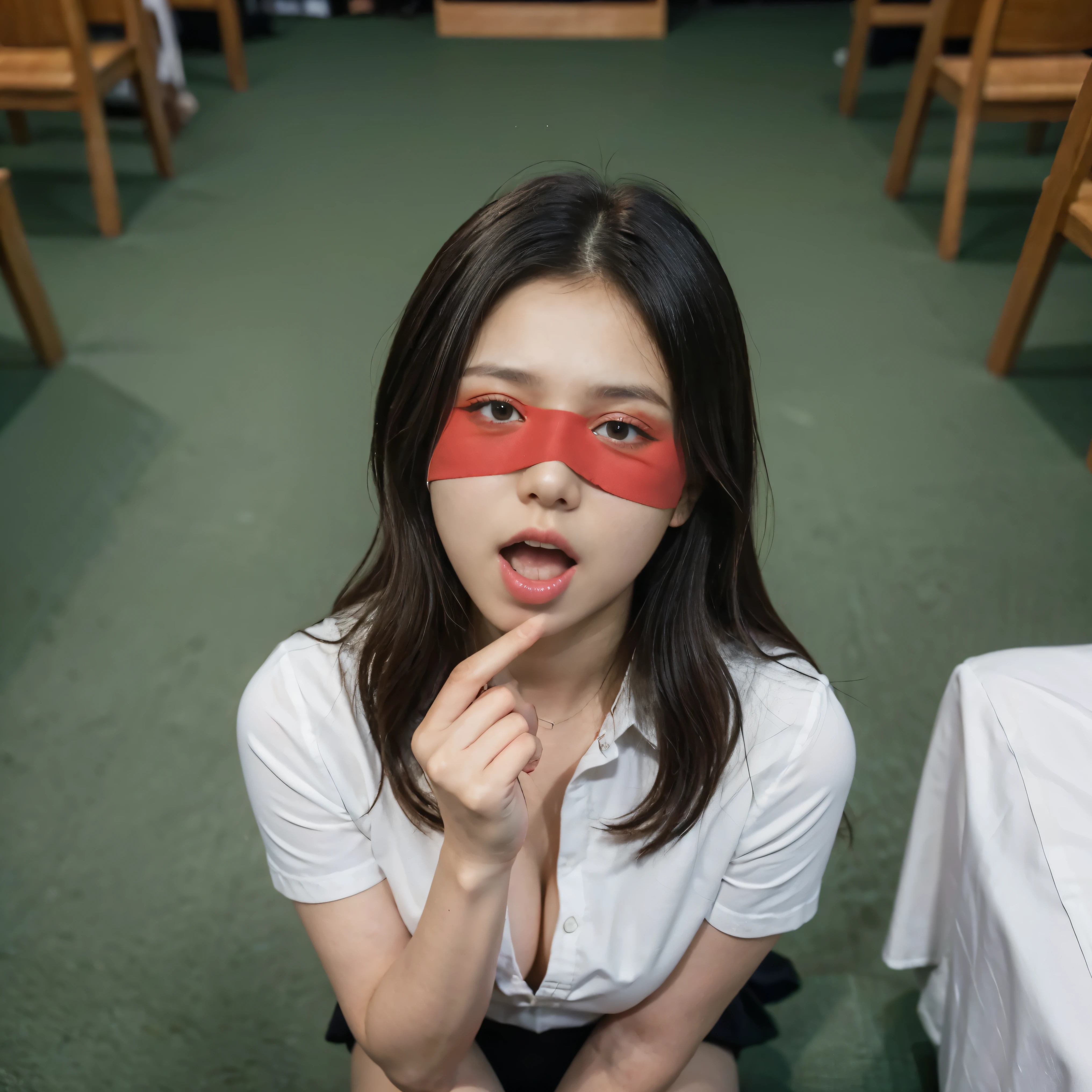(best quality, highres, realistic:1.37), black cloth, blindfolded, mystery, dramatic lighting, silky texture, minimalistic, shadowy atmosphere, subtle hints of red, evocative, emotive expressions, powerful contrast, enigmatic, hidden identities, artistic interpretation